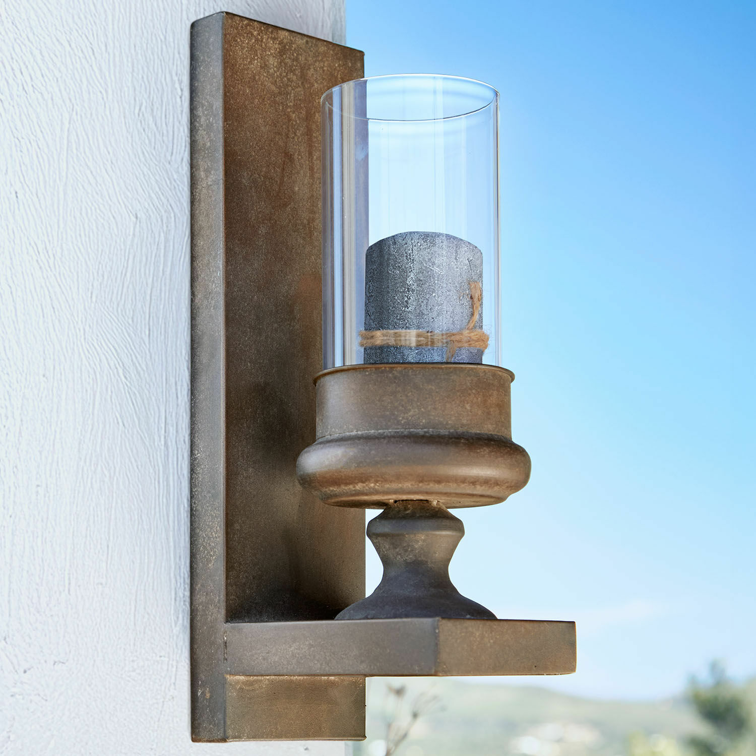 Wandkandelaar Aquivex Metalen wandlamp met doorzichtige kap en grijze kaars, decoratieve buitenverlichting