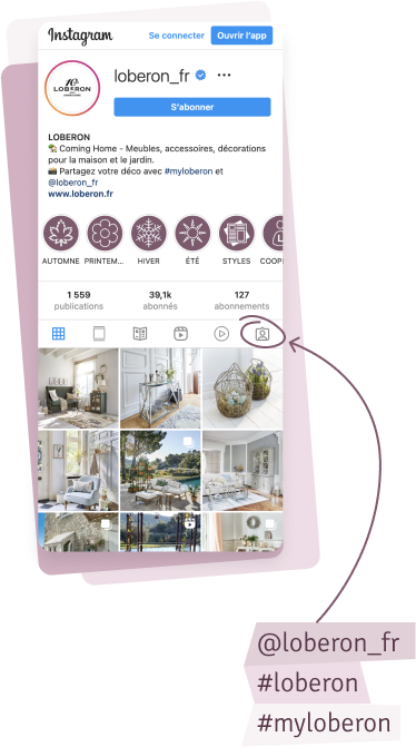 Capture d'écran du profil Instagram loberon_fr avec meubles et décorations pour maison et jardin