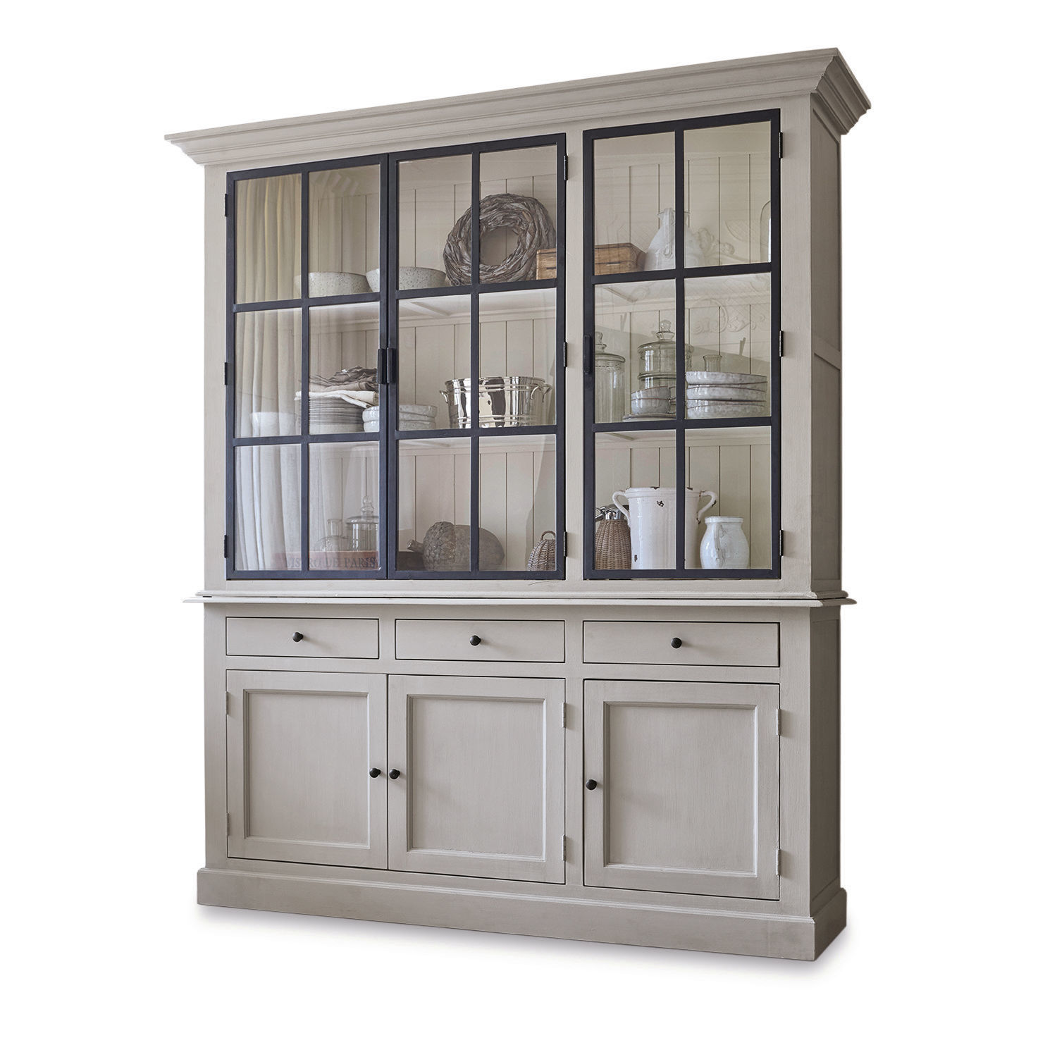 Buffet Thilot Grande vitrine en bois gris avec portes vitrées et tiroirs pour rangement dans le salon