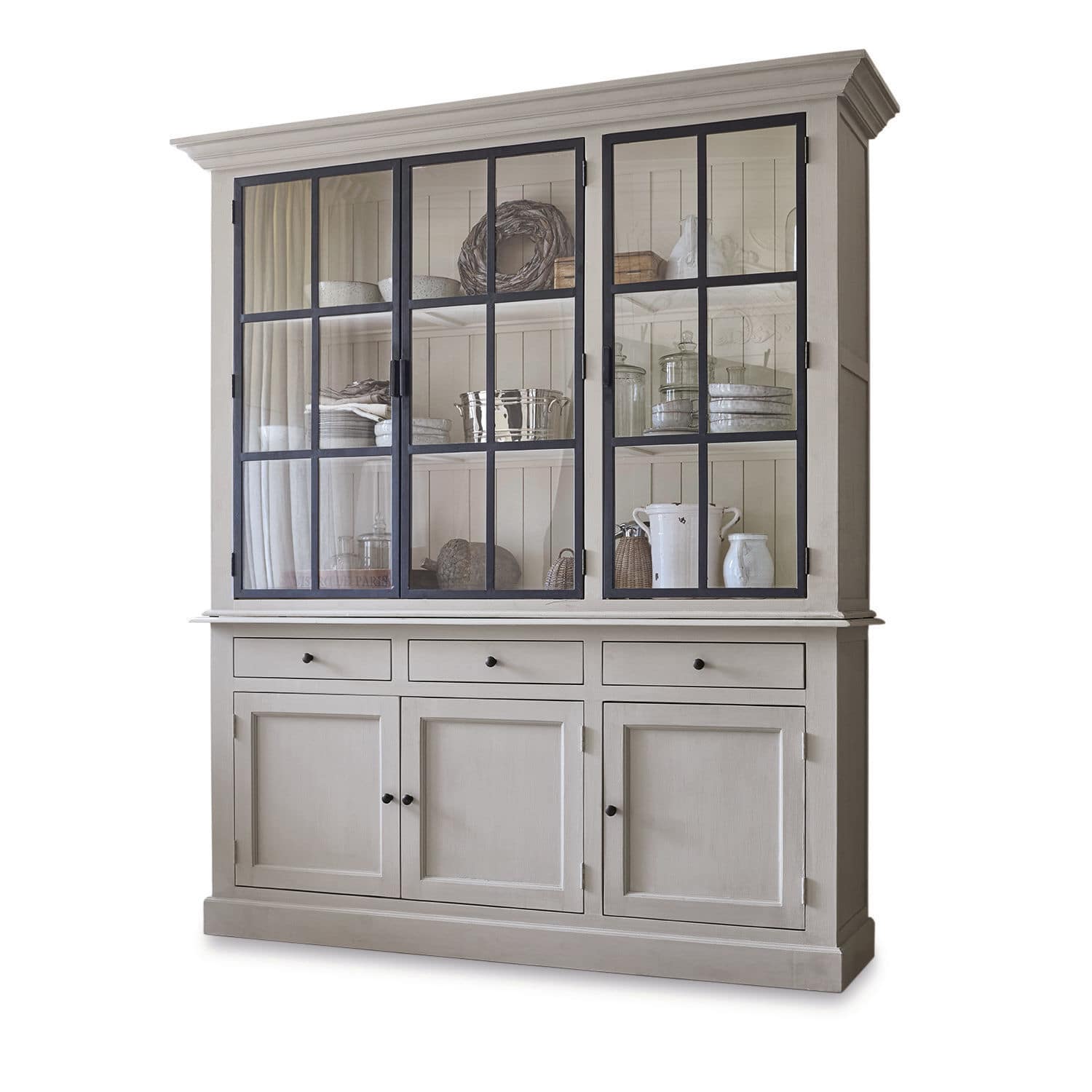 Buffet Thilot Grande vitrine en bois gris avec portes vitrées et tiroirs pour rangement dans le salon