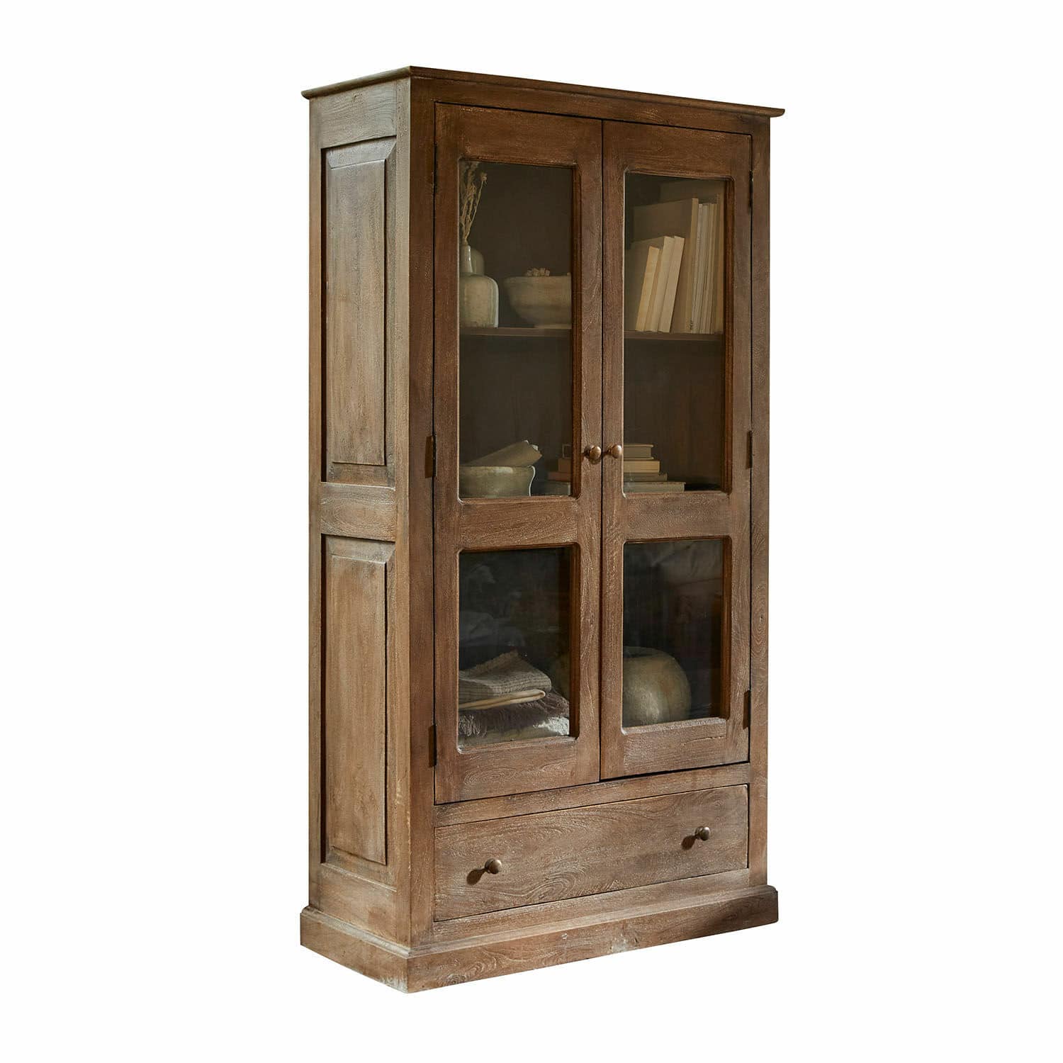 Vaisselier Gévaudan Armoire en bois brun naturel avec portes vitrées et tiroir, idéale pour ranger livres et objets décoratifs