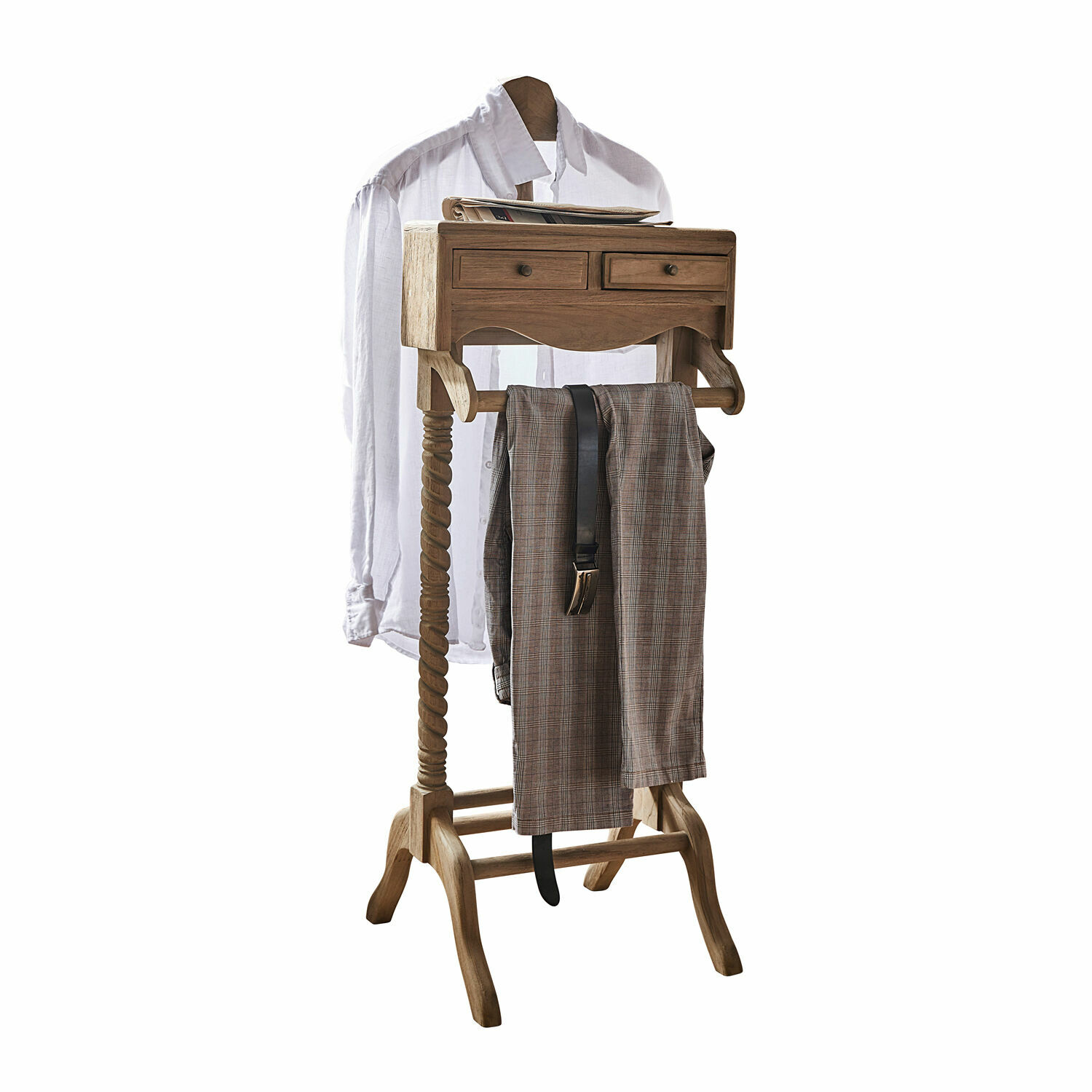 Dressboy Doncaster Houten kledingrek met lades en broekhouder in natuurlijke houtkleur, voor overhemden en accessoires