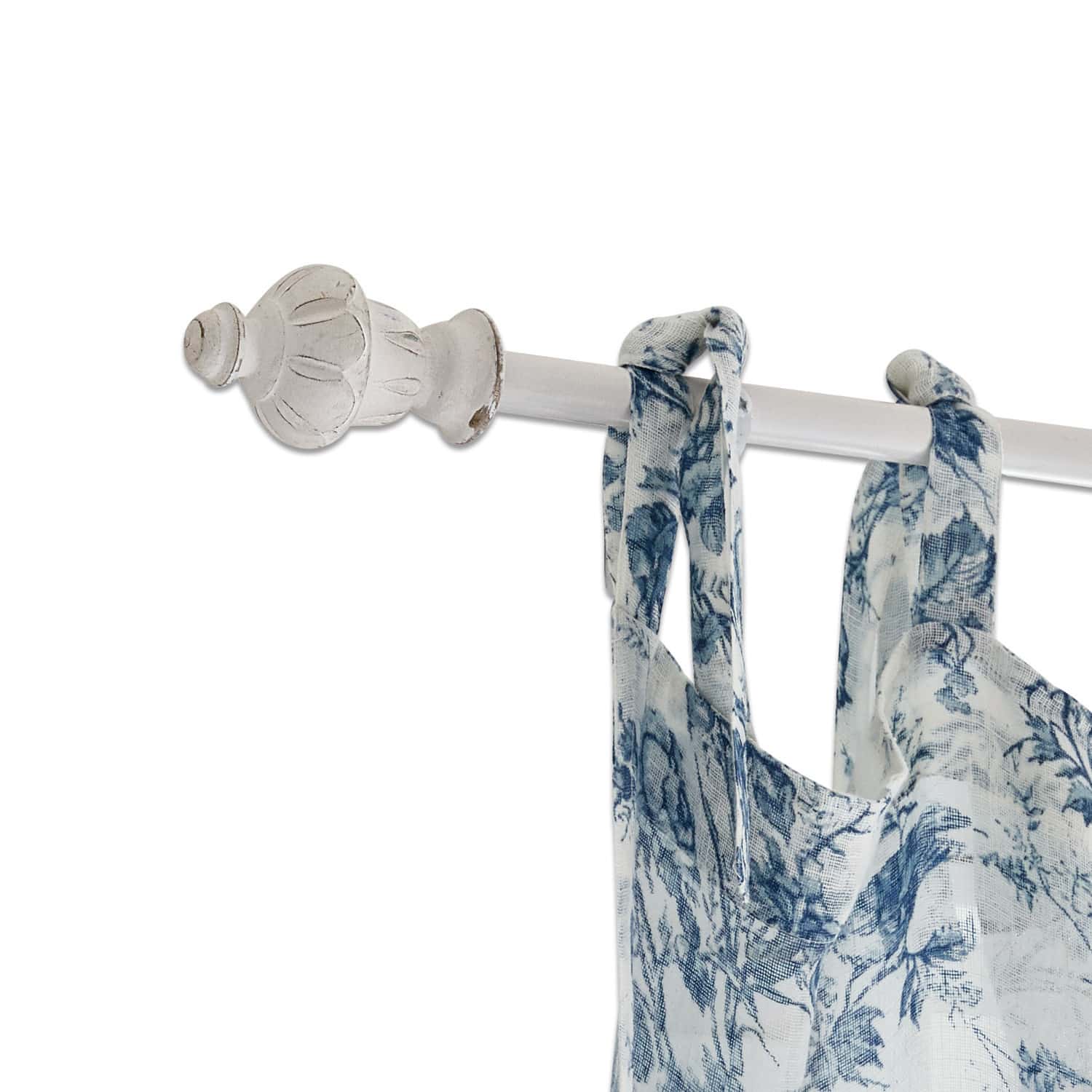 Gordijnroede Efersa Witte houten gordijnroede met decoratief uiteinde en blauw-witte gordijnstof met bloemenpatroon