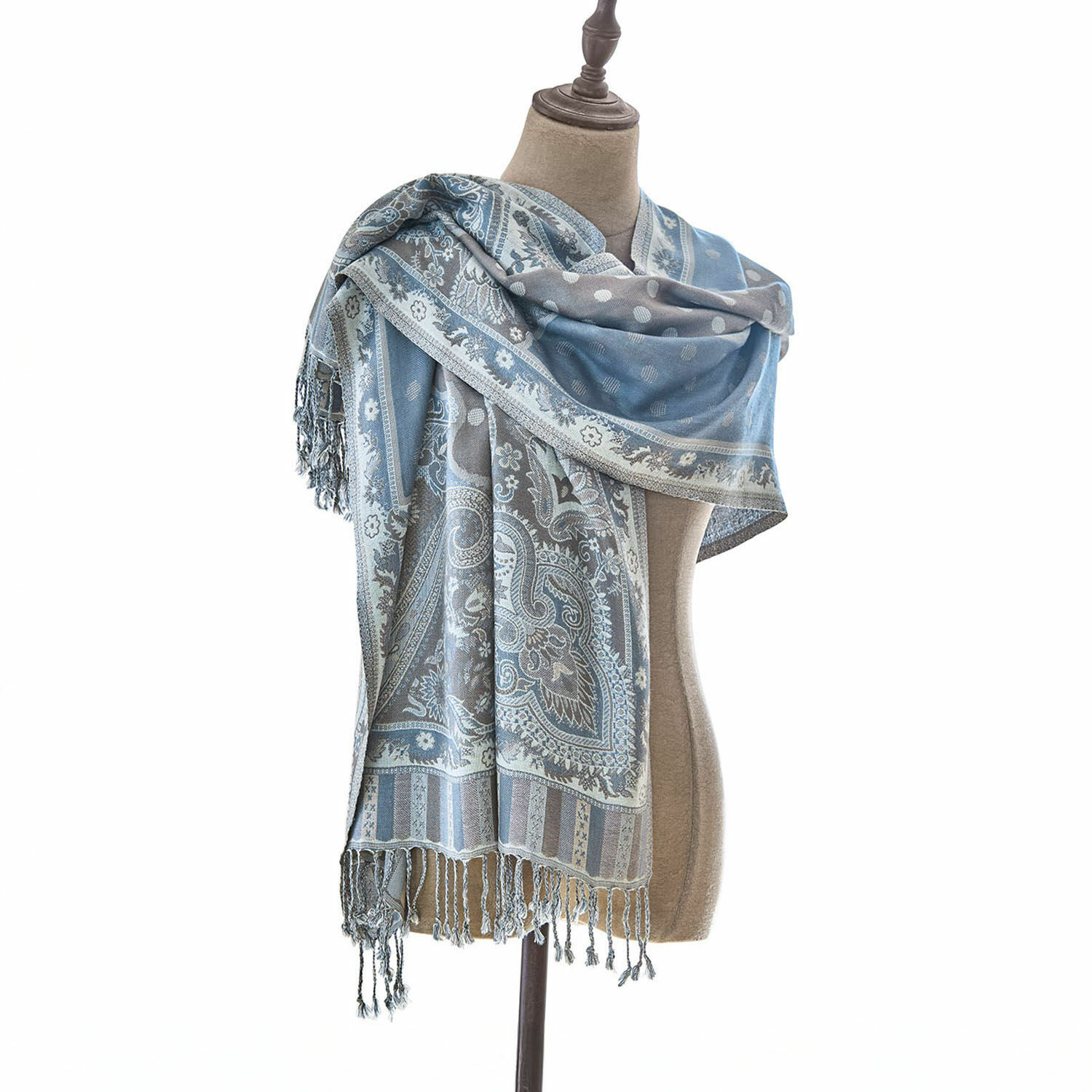 Étole Bijapur Écharpe bleue et grise à motif paisley avec franges, tissu doux, accessoire de mode élégant