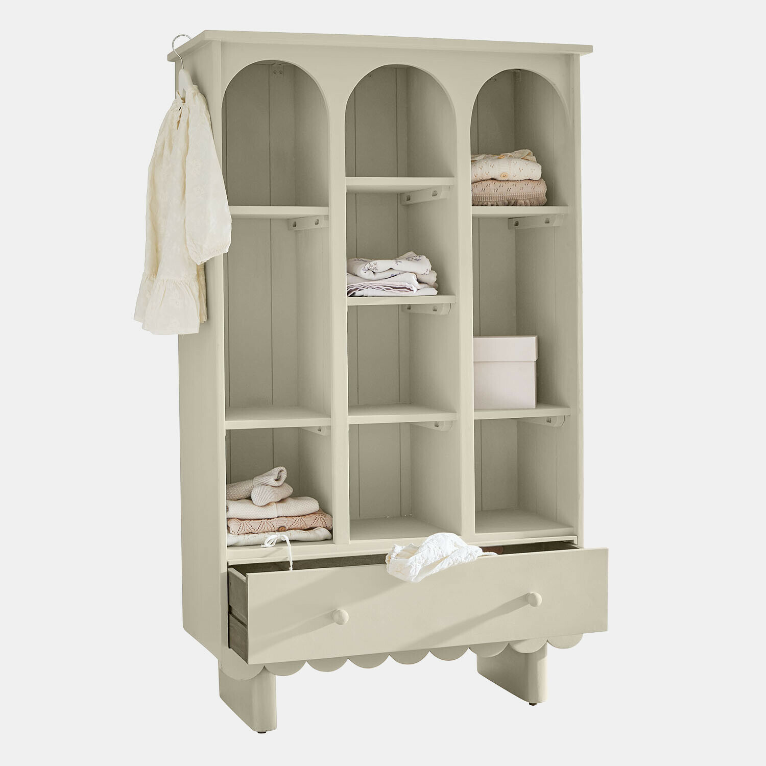 Armoire Agliana Armoire beige en bois avec trois compartiments et un tiroir, meuble de rangement pratique pour vêtements