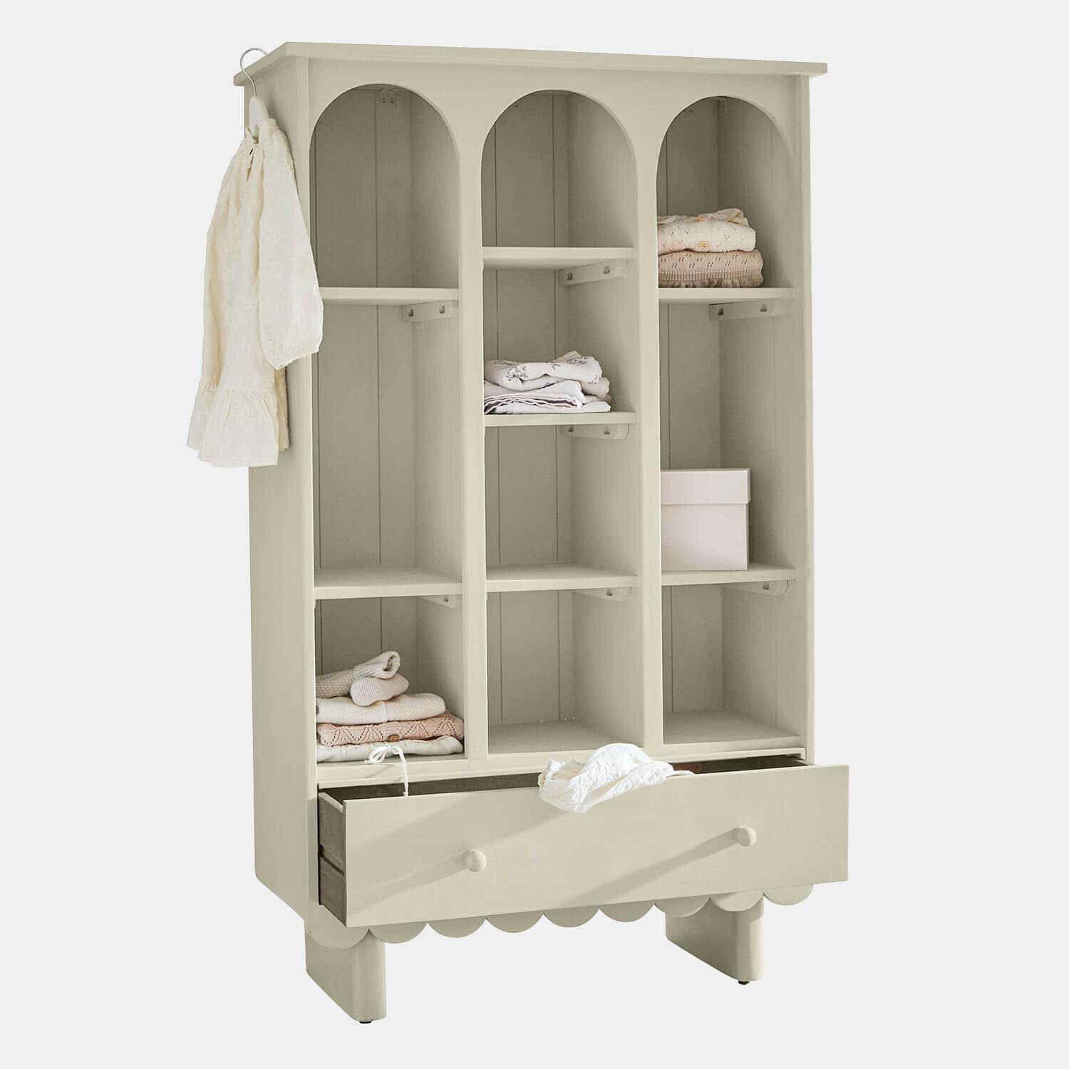 Kast Agliana Beige houten kast met drie vakken en lade, praktisch meubel voor kledingopslag