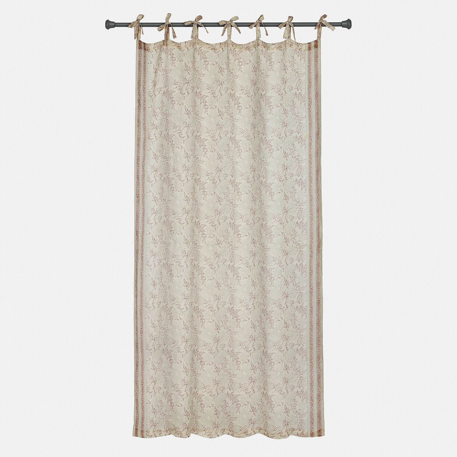 Gordijn Floréane Beige gordijn met fijn bloemmotief en striklinten, decoratieve stof voor interieur