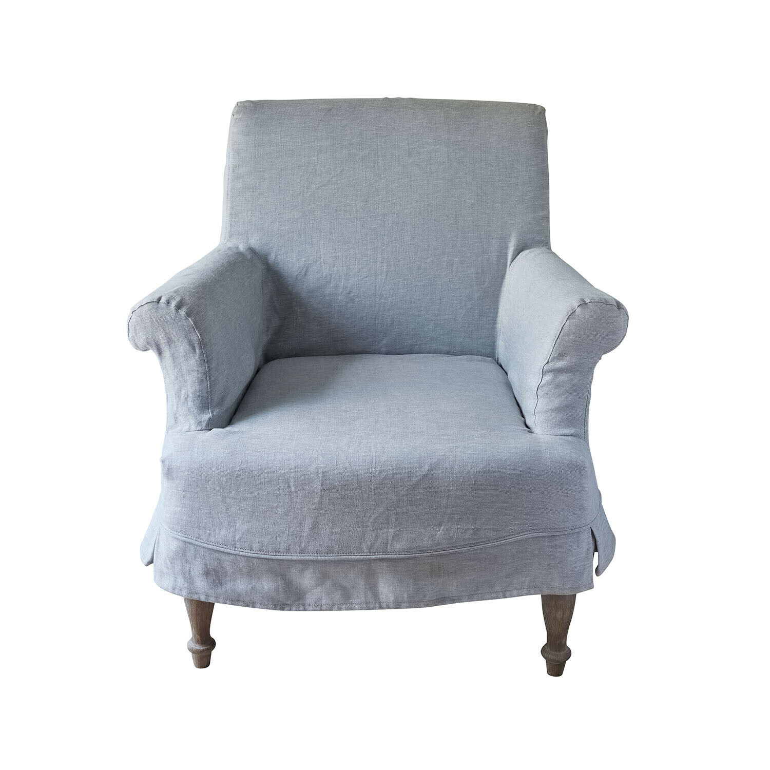 Fauteuil Everleighs bleu clair en tissu lin avec pieds en bois, siège confortable pour salon