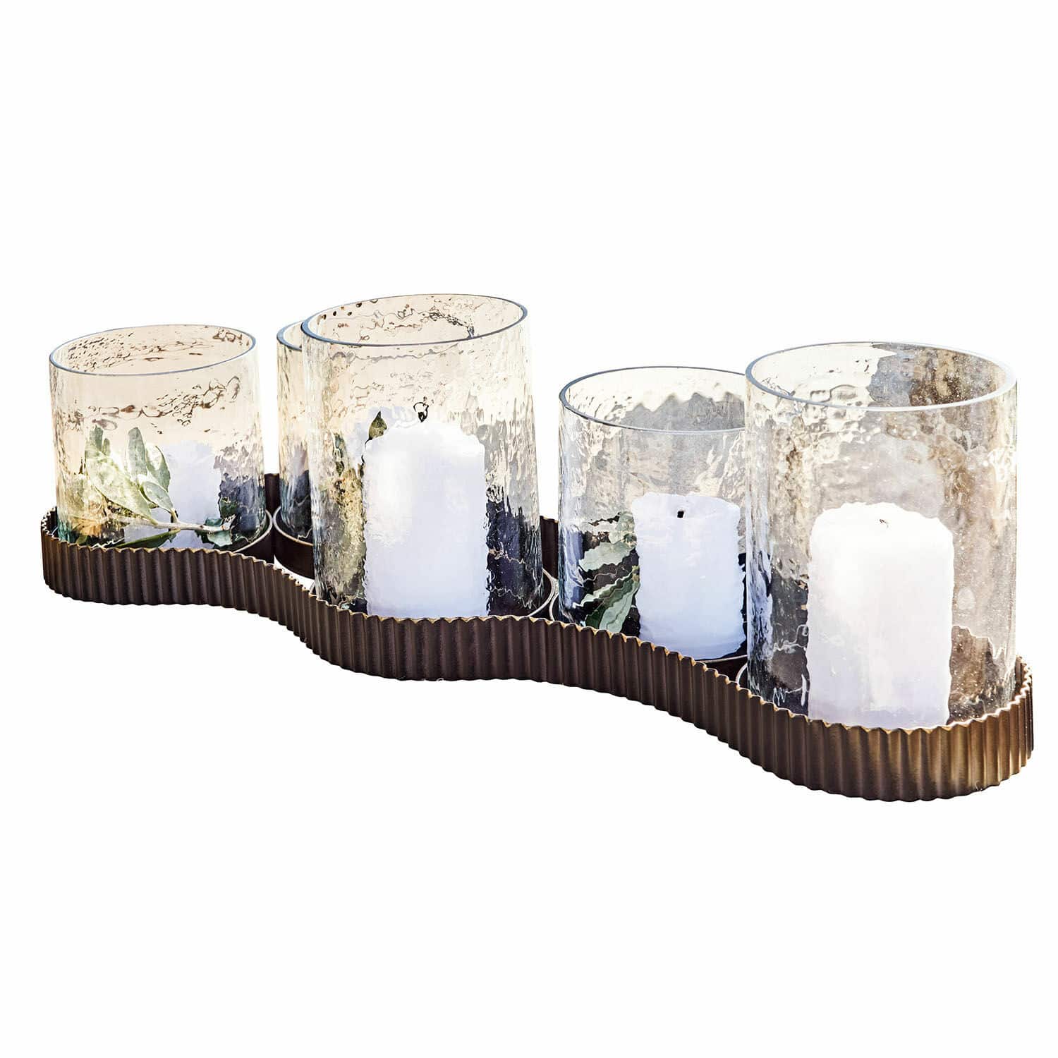Windlichtje Méridienn Set van 5 glazen windlichten met witte kaarsen op bruine metalen decoratieve standaard