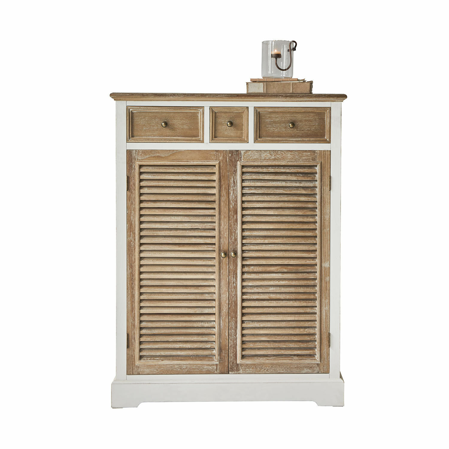 Commode Lourmante Commode en bois de manguier naturel et blanc avec trois tiroirs et deux portes à persiennes