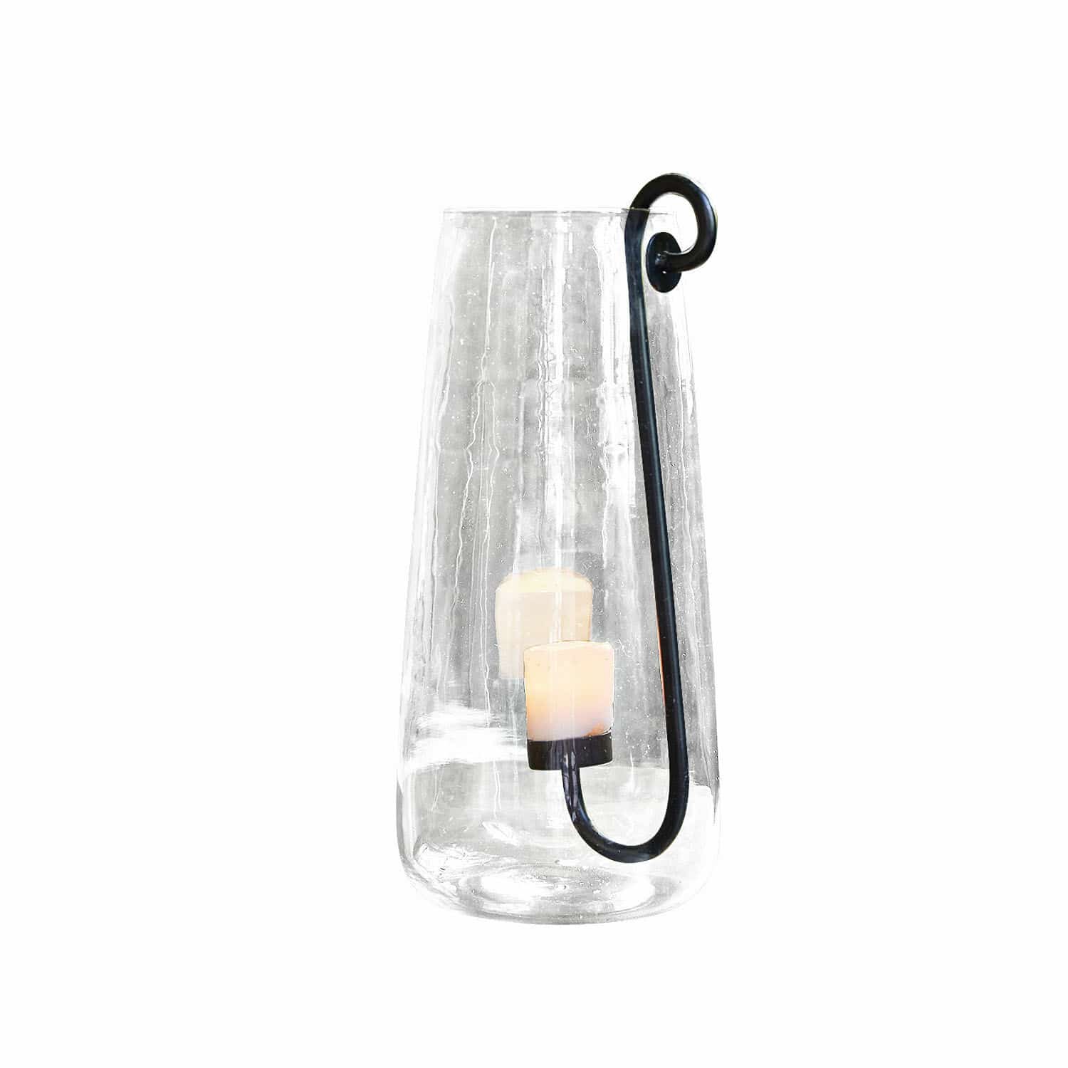 Photophore Lamark Lanterne en verre avec poignée en métal noir et bougie LED pour décoration intérieure et extérieure