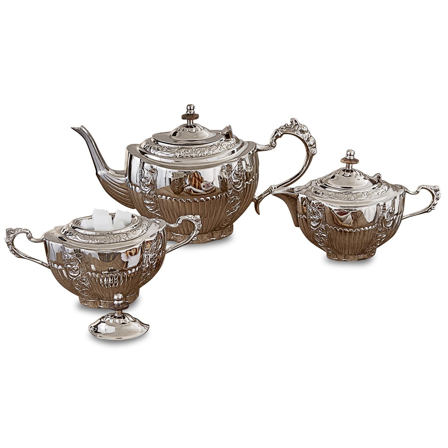 Theeset Ingliston Elegant theeservies van verzilverd metaal met theepot, suikerpot en melkkan