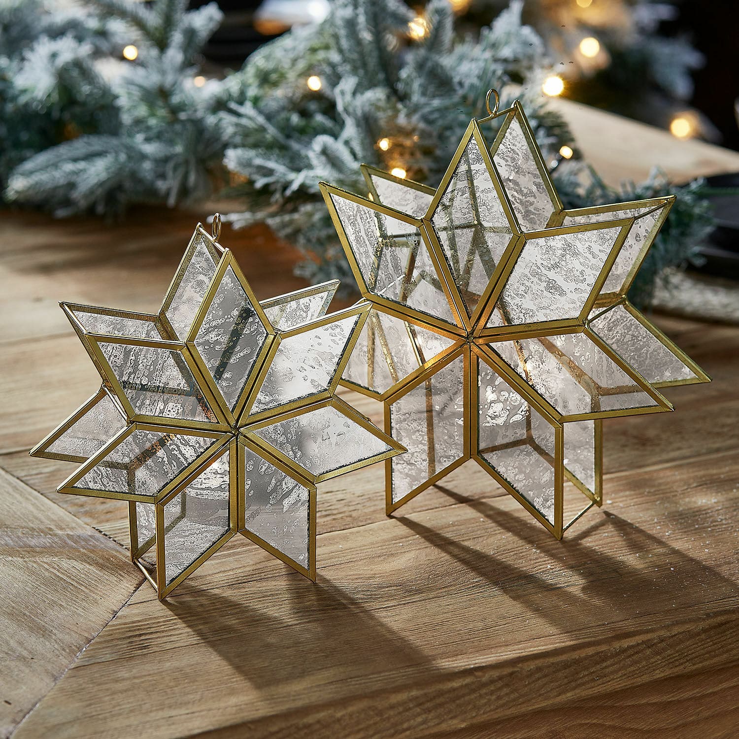 Lot de 2 porte-bougies Zaydan Étoiles décoratives en laiton et verre avec effet miroir vieilli pour décoration de table de Noël