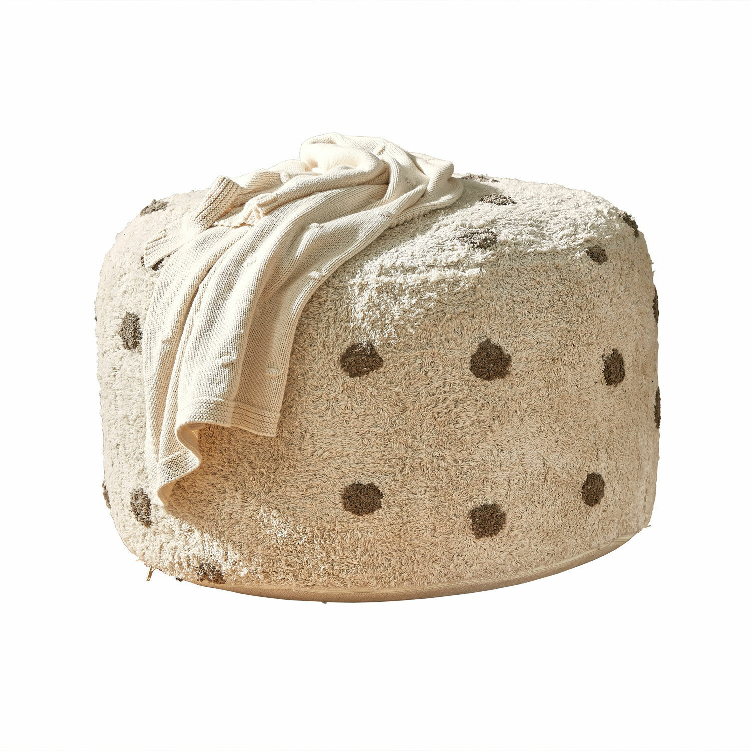 Pouf Thivalie Pouf beige en tissu doux avec pois marron et couverture crème, meuble confortable pour salon