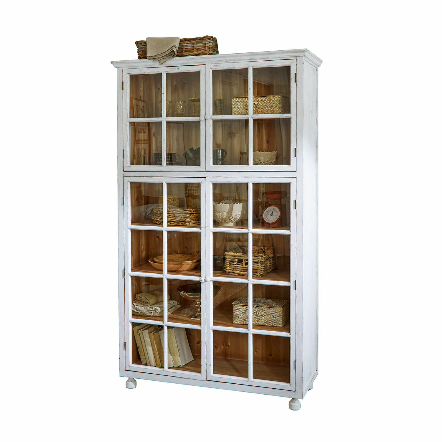 Vaisselier Bellac Vitrine en bois blanc avec portes vitrées et intérieur naturel, meuble de salon élégant