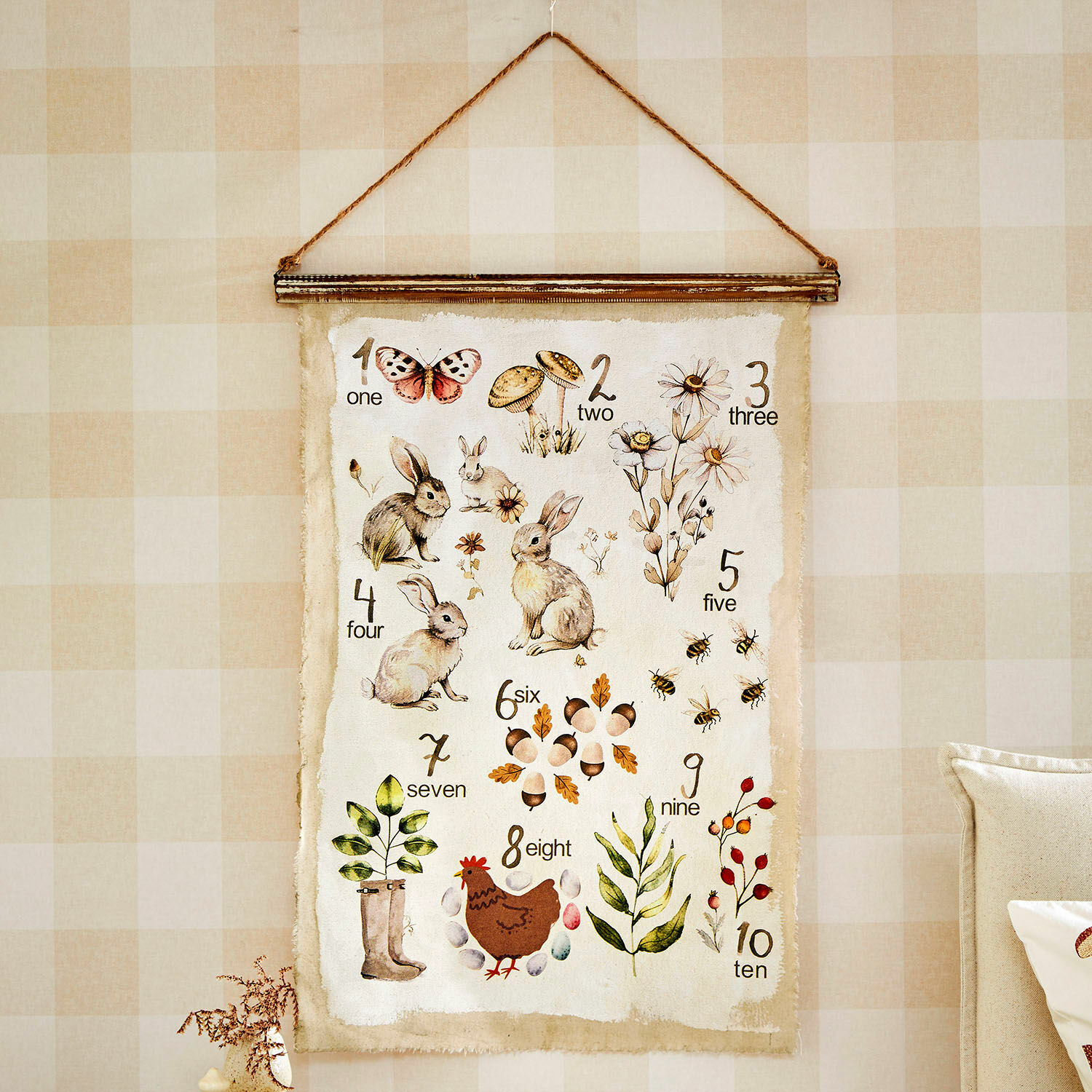 Tableau Kalhira Affiche murale décorative avec illustrations d'animaux et plantes pour apprendre à compter en couleurs naturelles