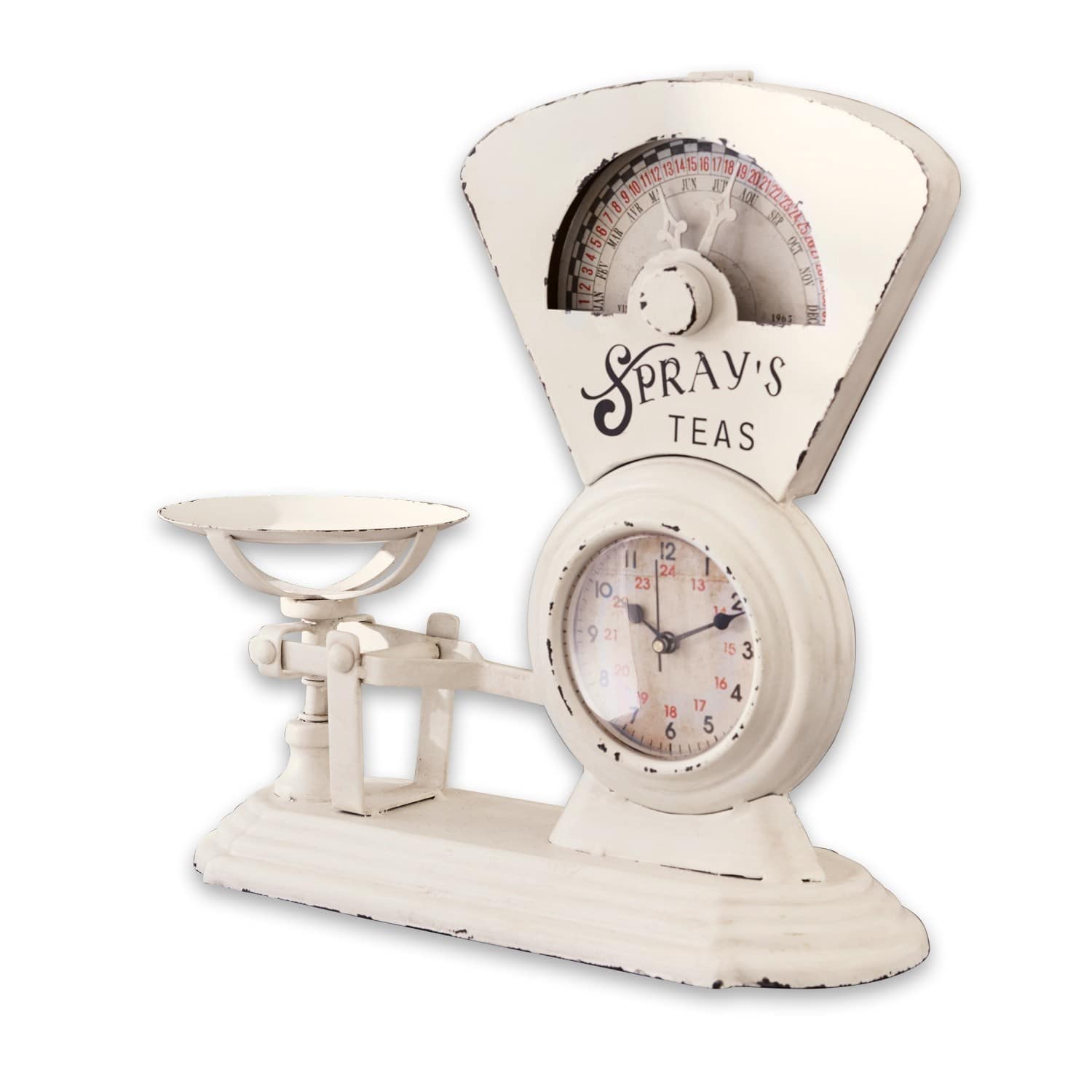 Horloge Balances Balance de cuisine en métal blanc avec horloge et inscription Spray's Teas, style vintage, décoration