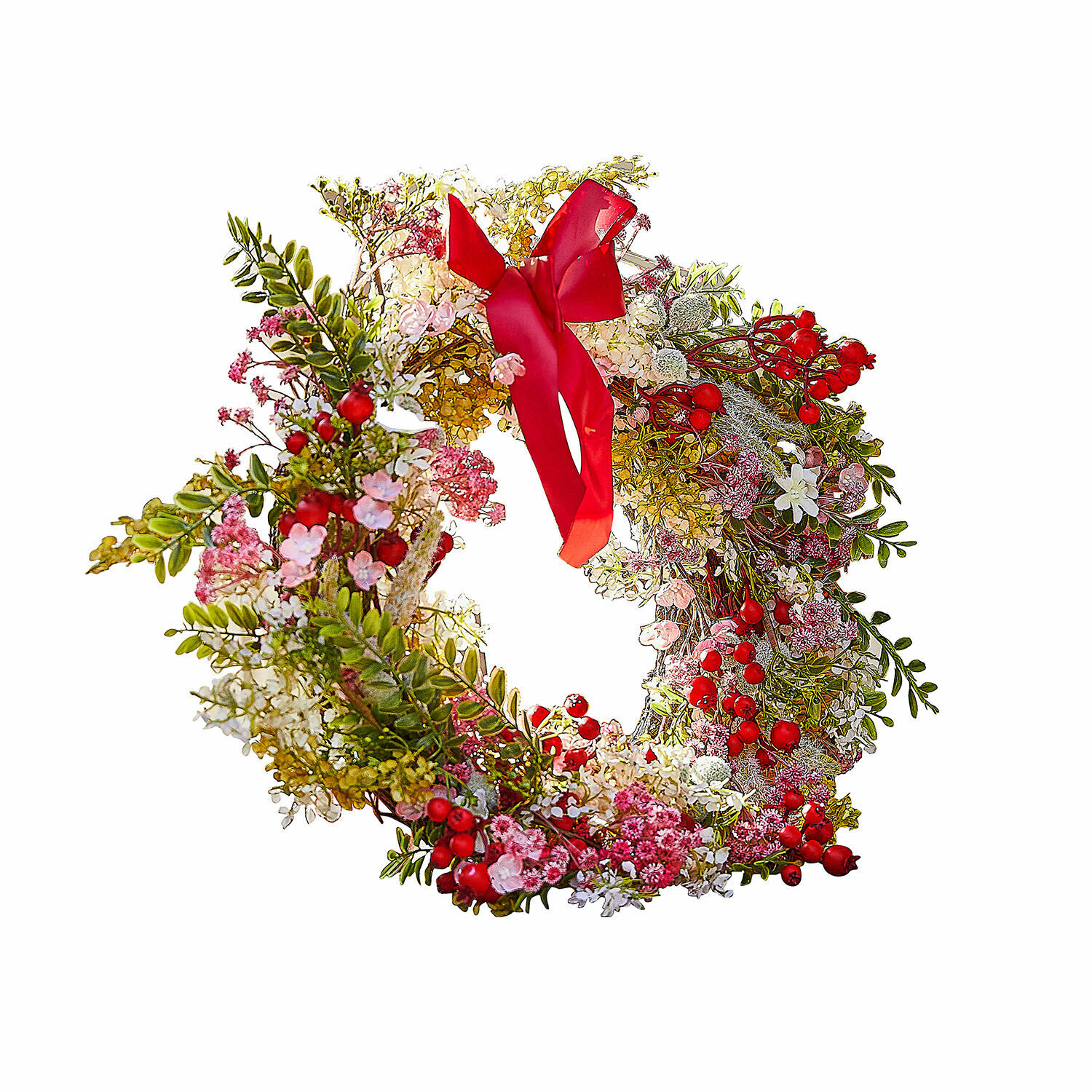 Krans Selivane Decoratieve krans met rode bessen, groene bladeren en roze bloemen met een rode strik