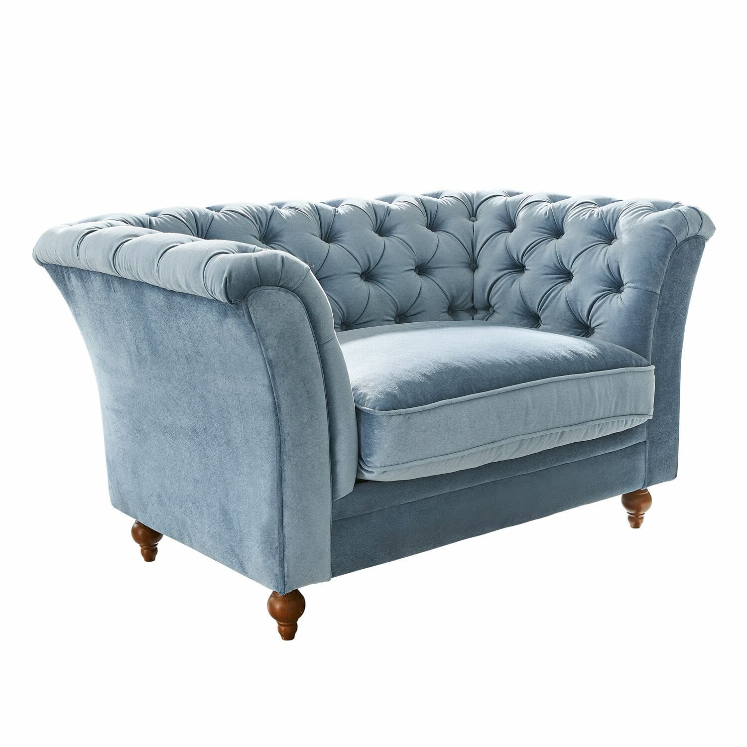 Bank Clères Blauwe Chesterfield fluwelen bank met gestikte rugleuning en houten poten, elegante woonkamermeubel
