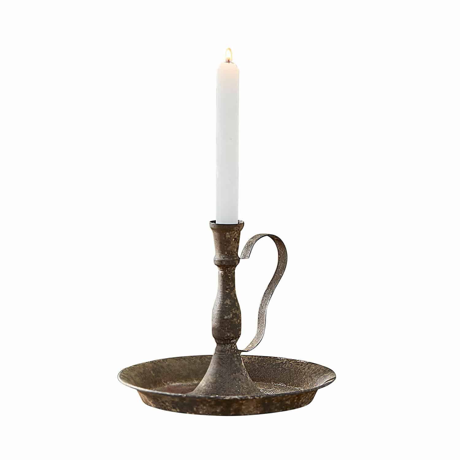 Kandelaar Plixora Metalen kandelaar met roestige look en witte kaars, vintage interieurdecoratie