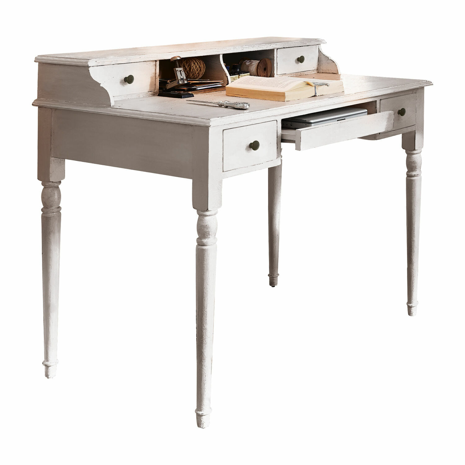 Secretaire Isabelle Witte houten bureau met lades en vakken, vintage stijl, meubel voor werk en opslag