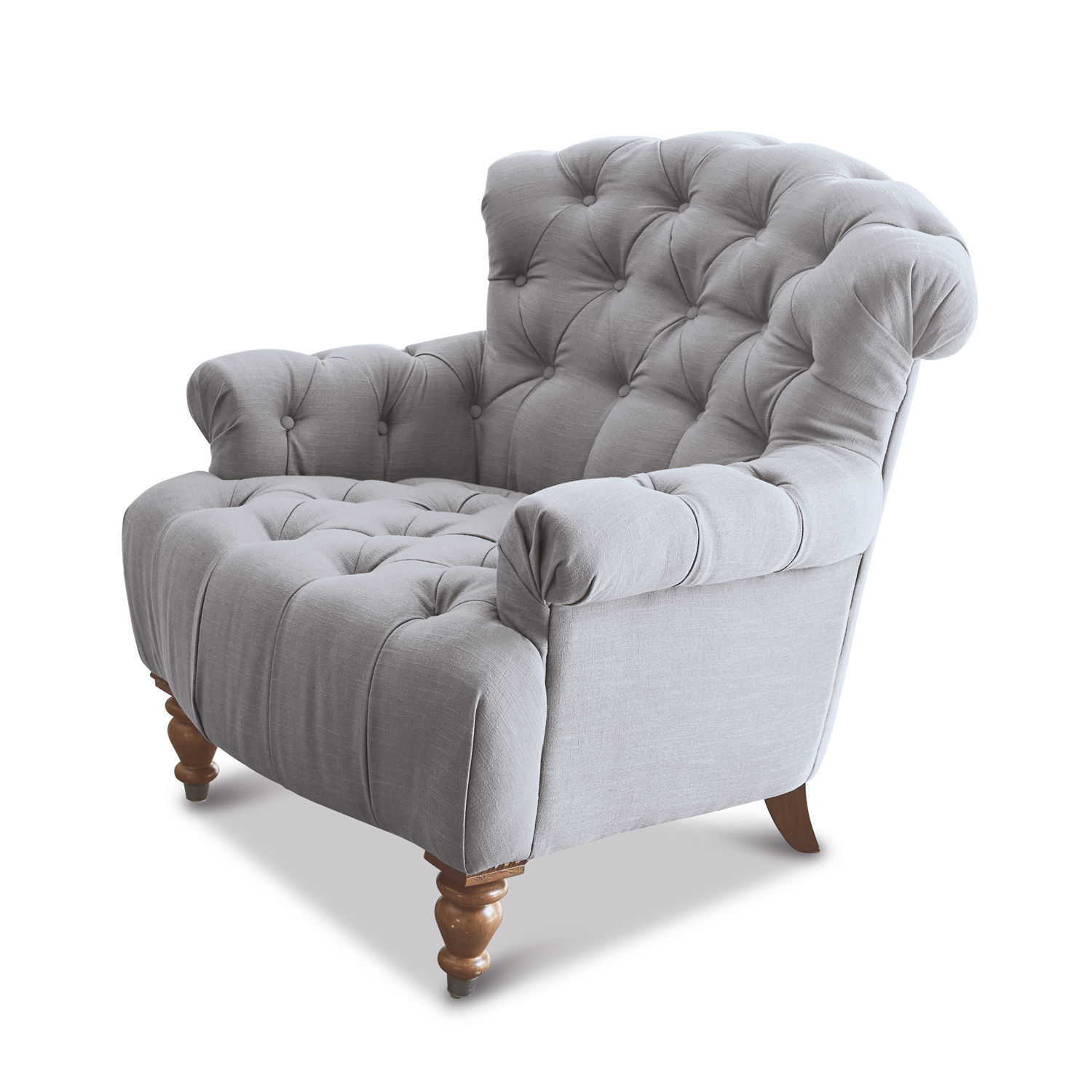 Canapé rembourré gris avec pieds en bois et dossier capitonné, meuble confortable pour salon