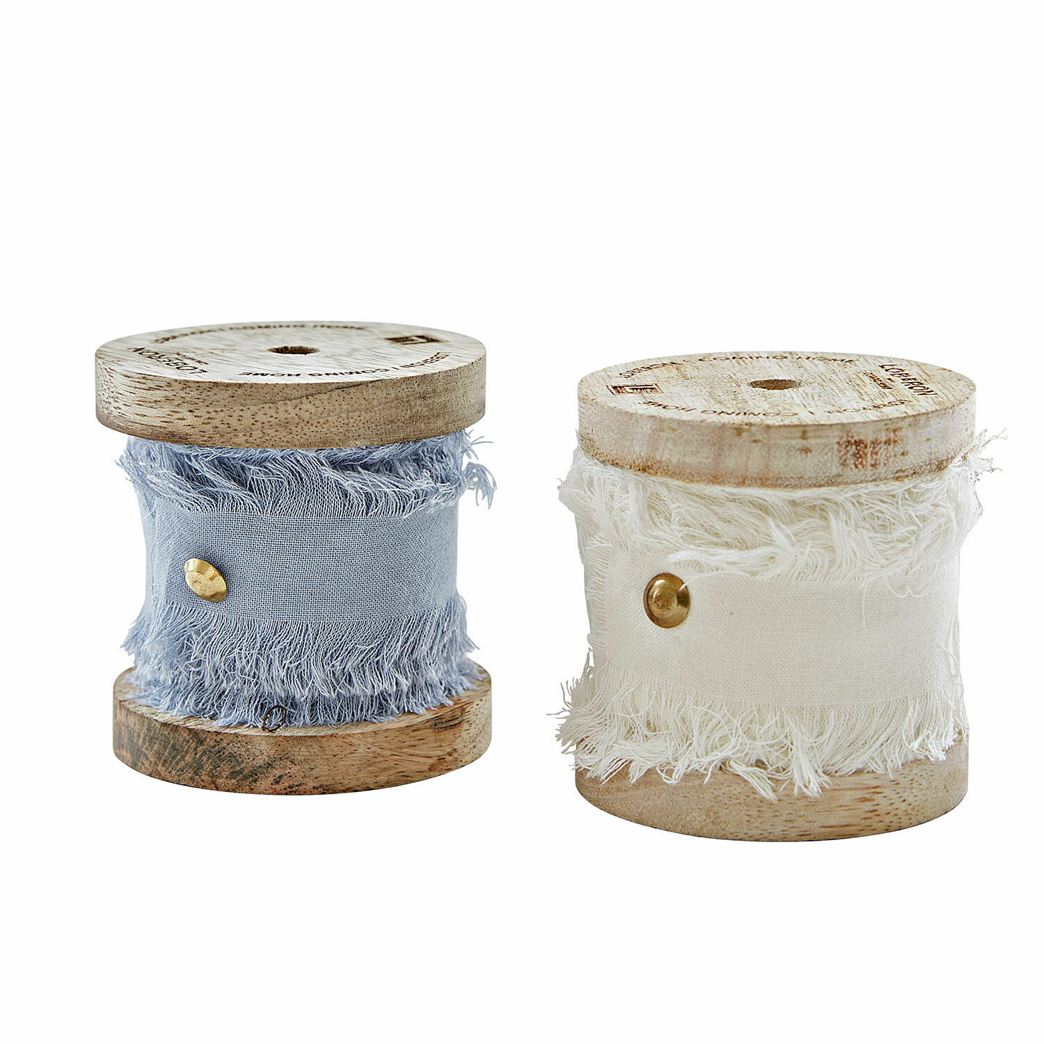 Lot de 2 rubans Valethor Bobines en bois avec ruban en coton bleu et blanc à franges pour décoration intérieure rustique