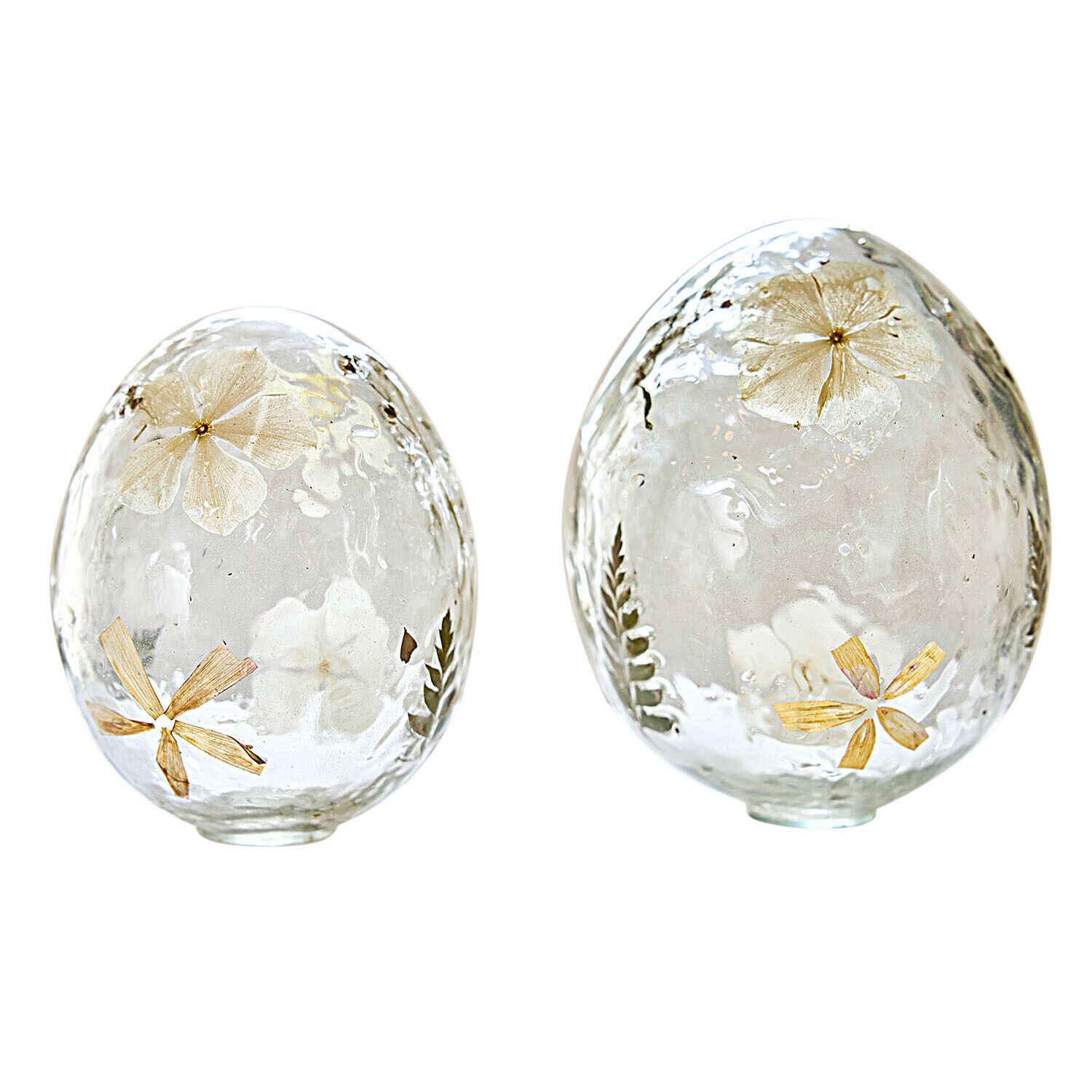 Lot de 2 œufs décoratifs Coudrisse Deux œufs en verre transparent avec fleurs séchées et feuilles intégrées, décoration printanière