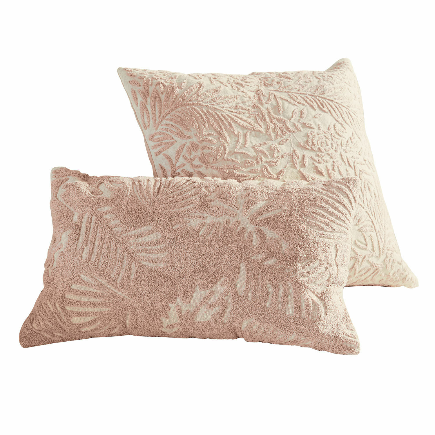 Lot de 2 housses de coussin Enchanto Ensemble de deux coussins décoratifs roses en tissu doux avec motif végétal en relief