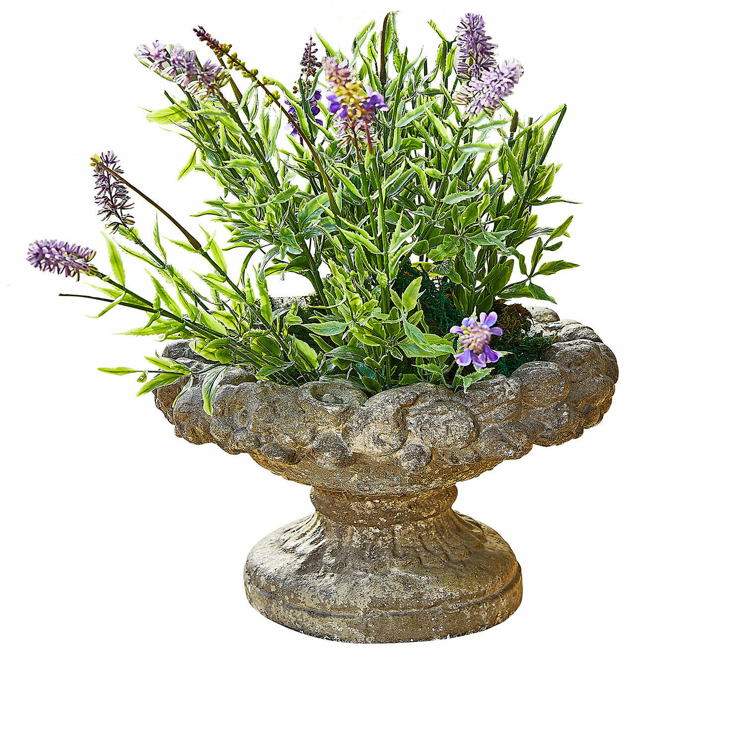 Amphore Bellivon Jardinière en pierre décorative avec plantes vertes et fleurs violettes pour jardin