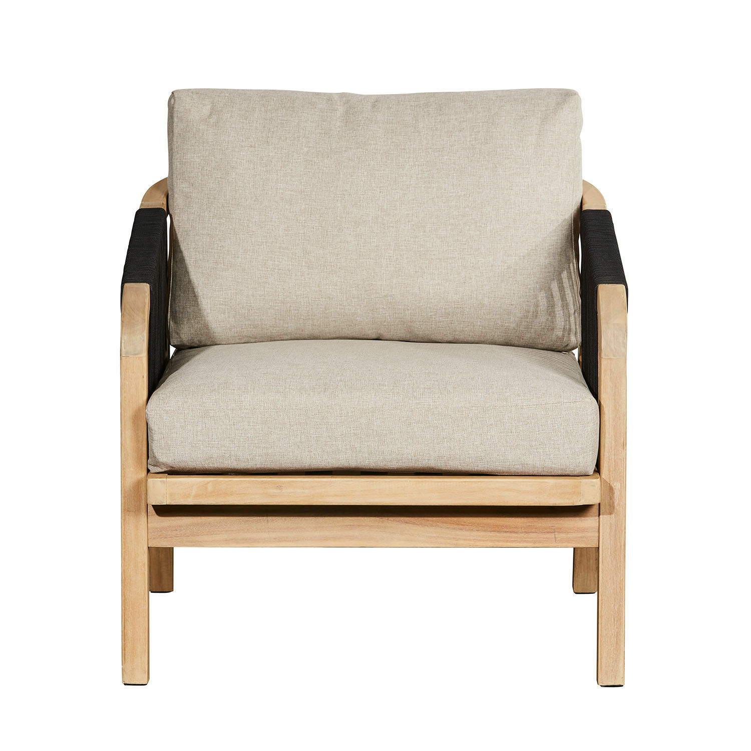 Fauteuil Shreveport en bois et tissu beige, confortable pour salon, style naturel et moderne