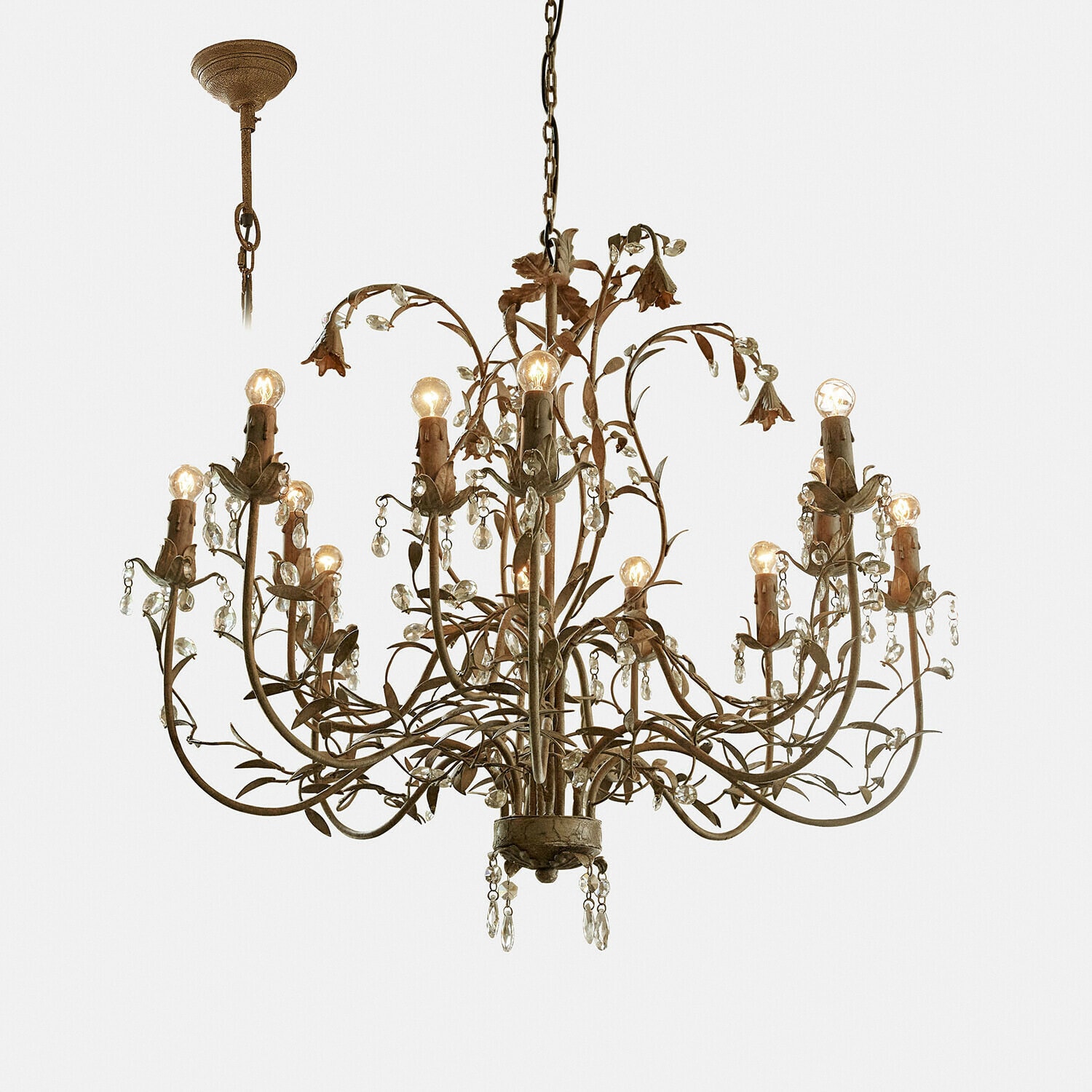 Kroonluchter Opérancourt Rustieke metalen kroonluchter in roestkleur met 12 lampen en kristallen versiering