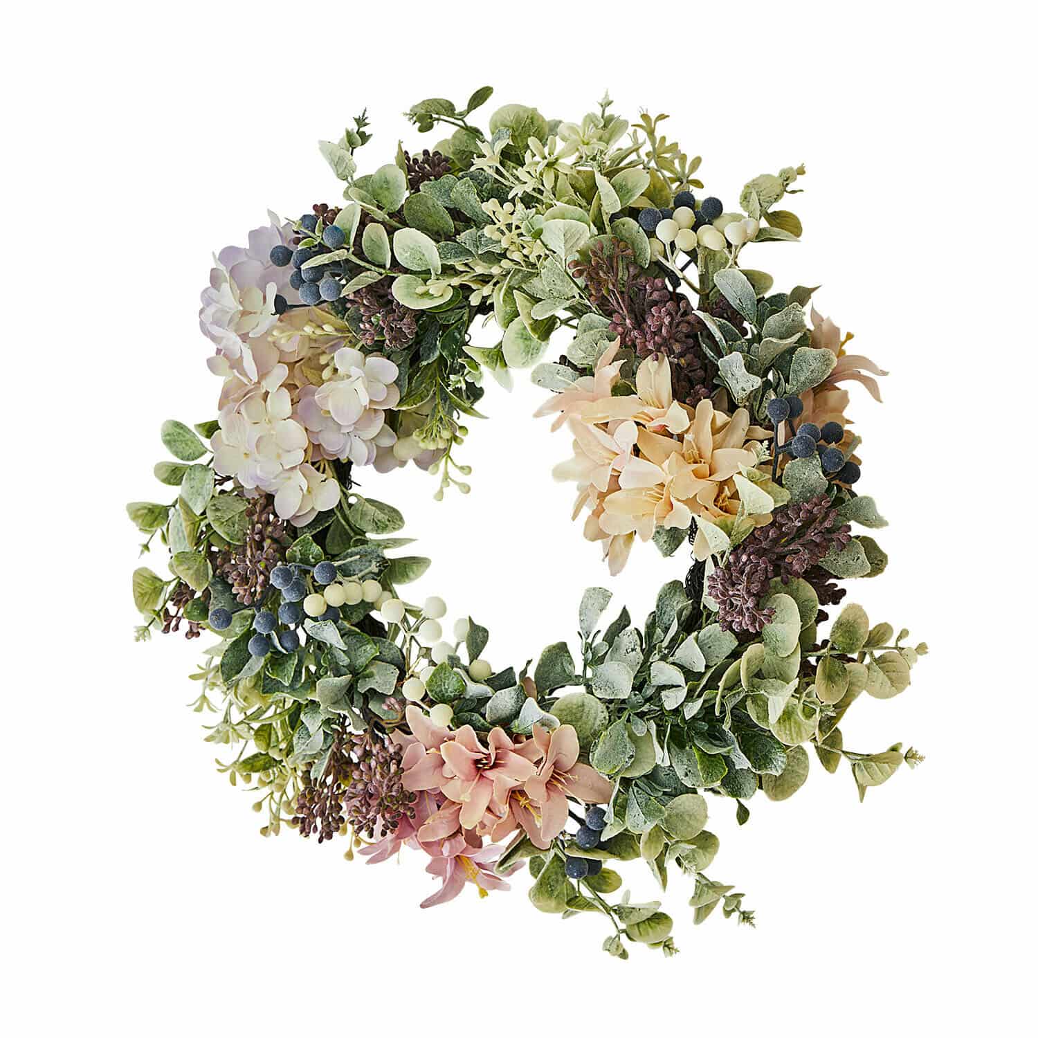 Krans Parélys Decoratieve krans met groene bladeren en pastelkleurige bloemen, stijlvolle woon- en seizoensdecoratie
