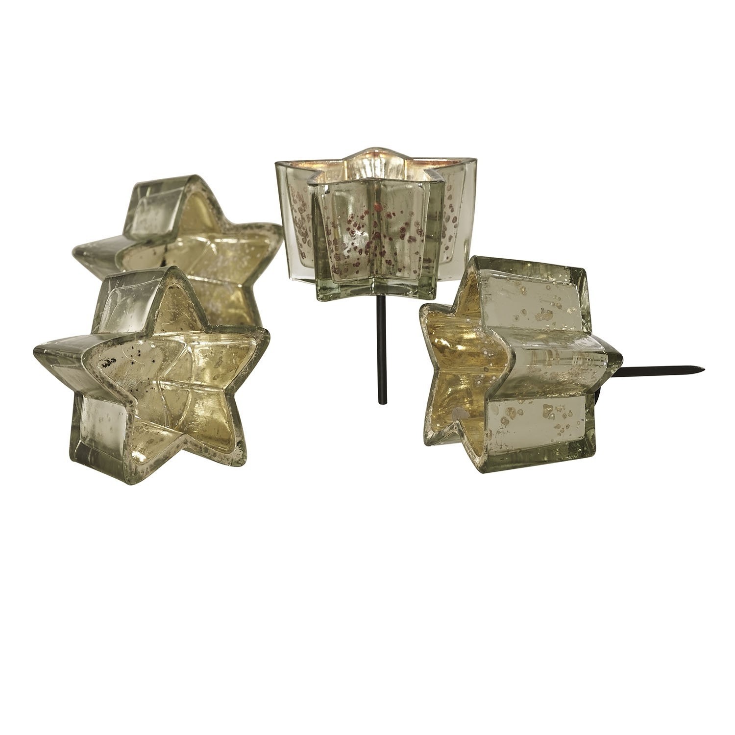 Lot de 4 photophores à piquer Bernice Photophores en verre en forme d'étoiles avec piques métalliques, décoration dorée pour fêtes