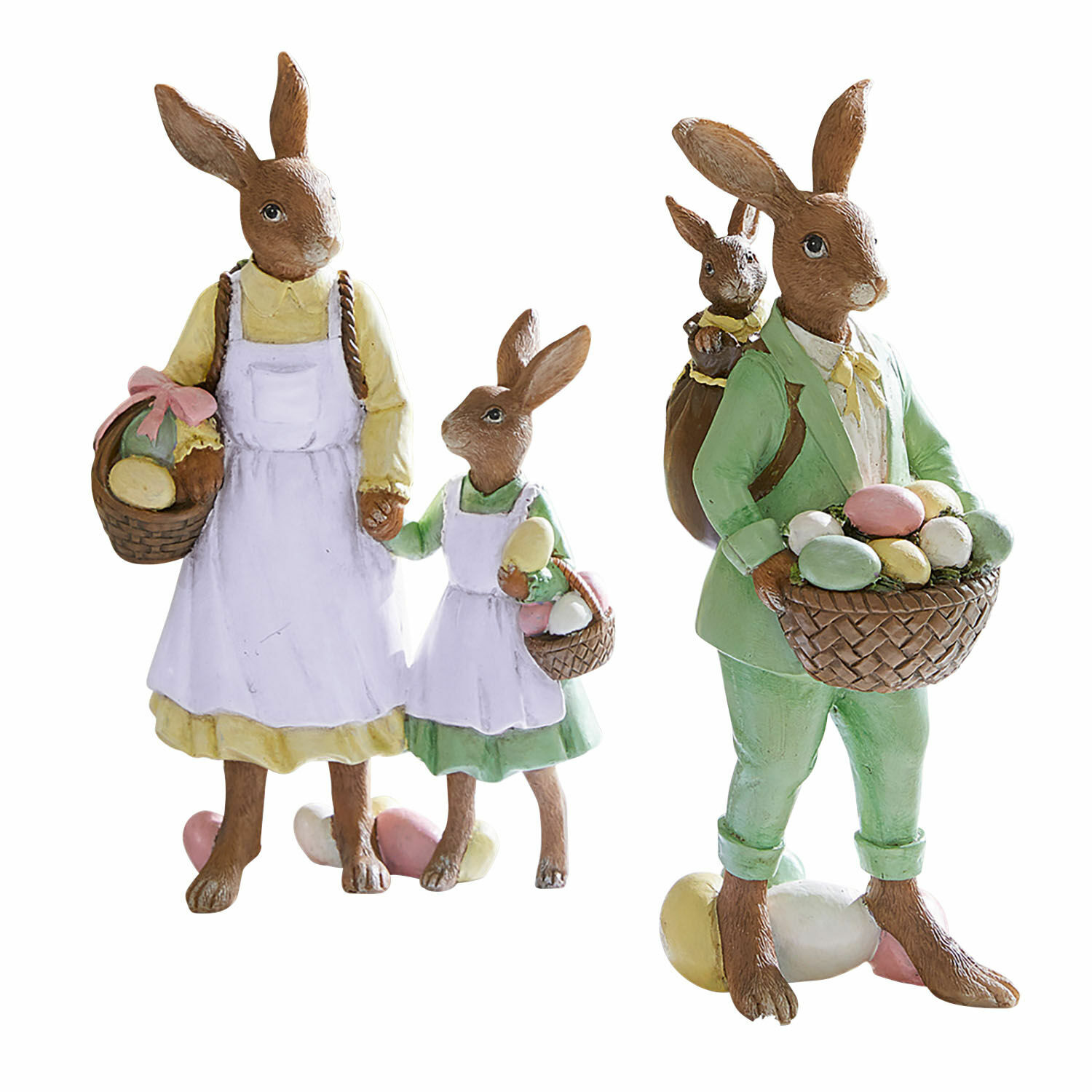 Lapins Pantina Figurines de lapins de Pâques en résine avec paniers d'œufs colorés, décoration festive printanière