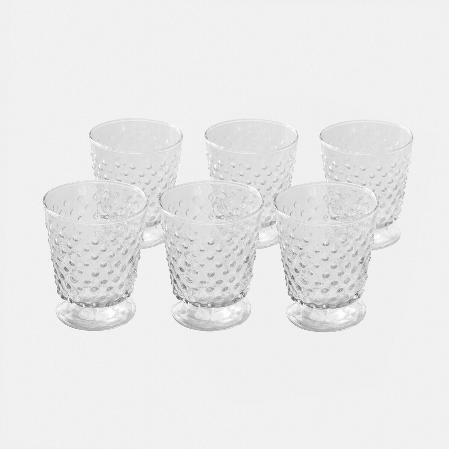 Ensemble de six verres transparents en verre avec motif en relief, parfait pour boissons variées