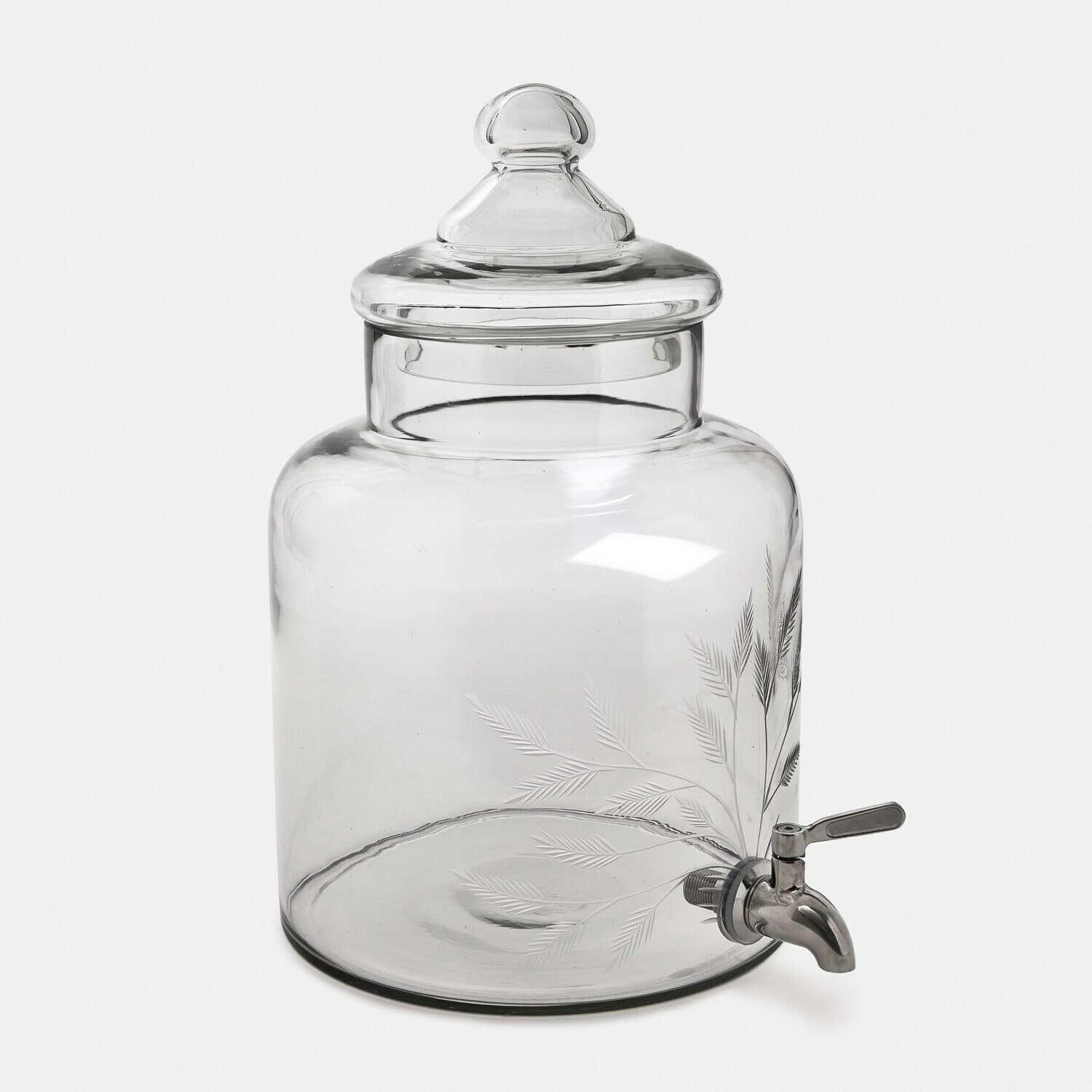 Distributeur de boisson Cirellis Distributeur de boissons en verre transparent avec robinet en métal et motif de feuilles gravées