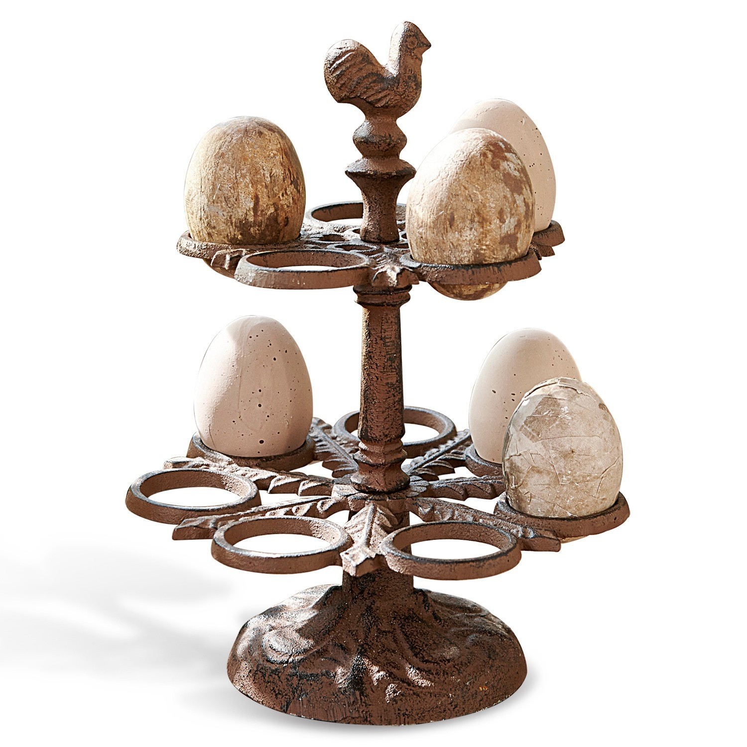 Etagère voor eieren Nelis Metalen eierhouder in roestkleur met decoratieve haan, rustieke paasdecoratie