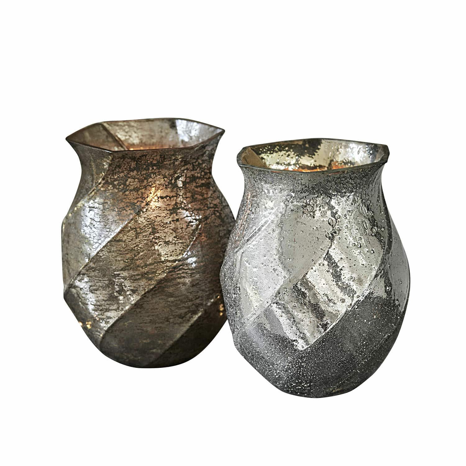 Windlicht set van 2 Tixovel Set van twee glazen theelichthouders met verouderde zilveren look, vintage woondecoratie