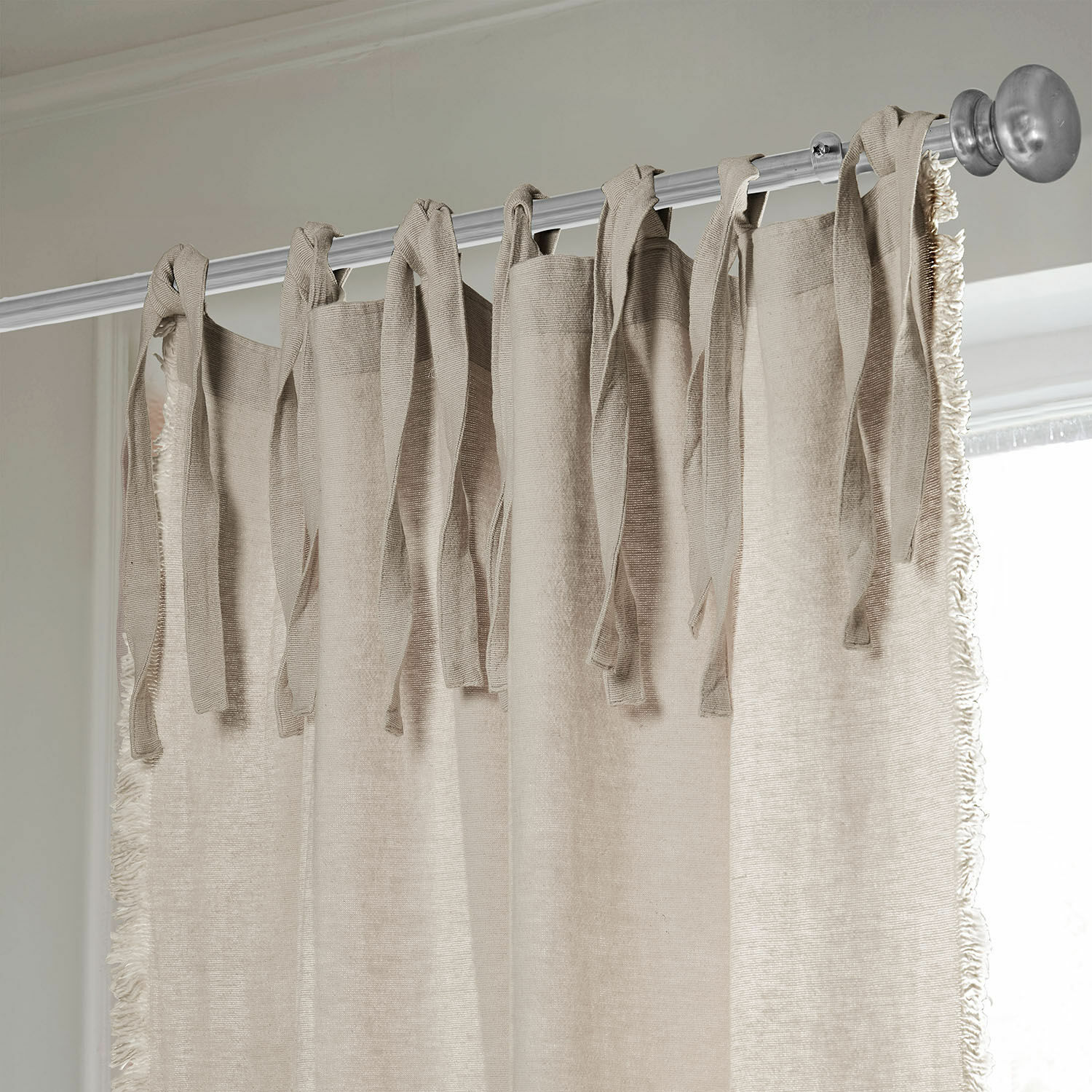 Gordijn Sereneth Beige katoenen gordijn met bindlinten en franjes, stijlvolle raamdecoratie