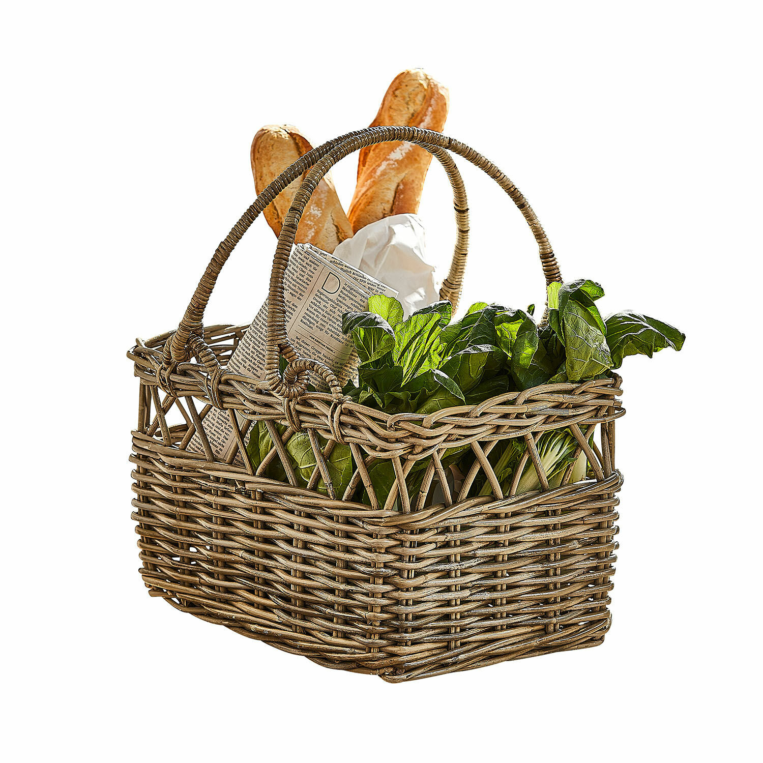 Corbeille Amixal Panier en osier naturel avec poignées, rempli de feuilles vertes et baguettes, accessoire pour courses