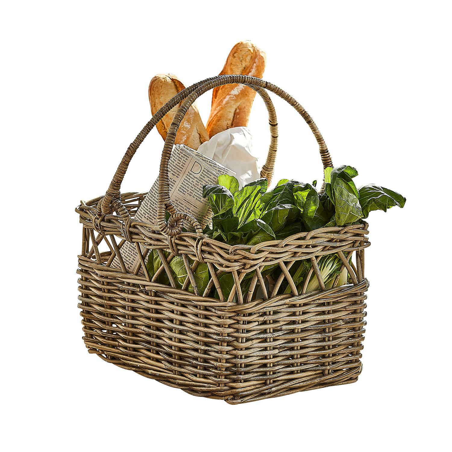 Corbeille Amixal Panier en osier naturel avec poignées, rempli de feuilles vertes et baguettes, accessoire pour courses