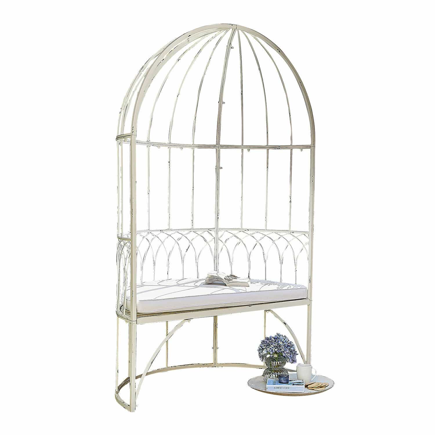 Bank Rivandelle Witte metalen bank met kussen en vintage koepel voor tuin of terras