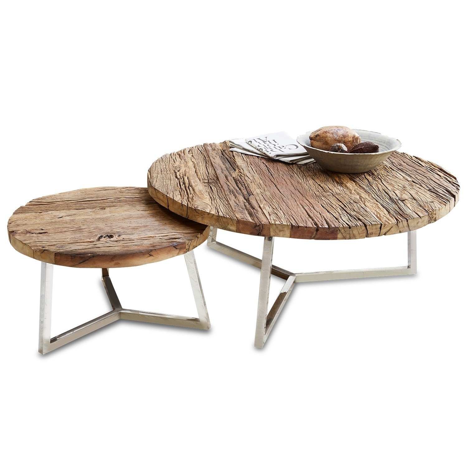 Ensemble de deux tables basses rondes avec plateau en bois naturel et pieds métalliques argentés