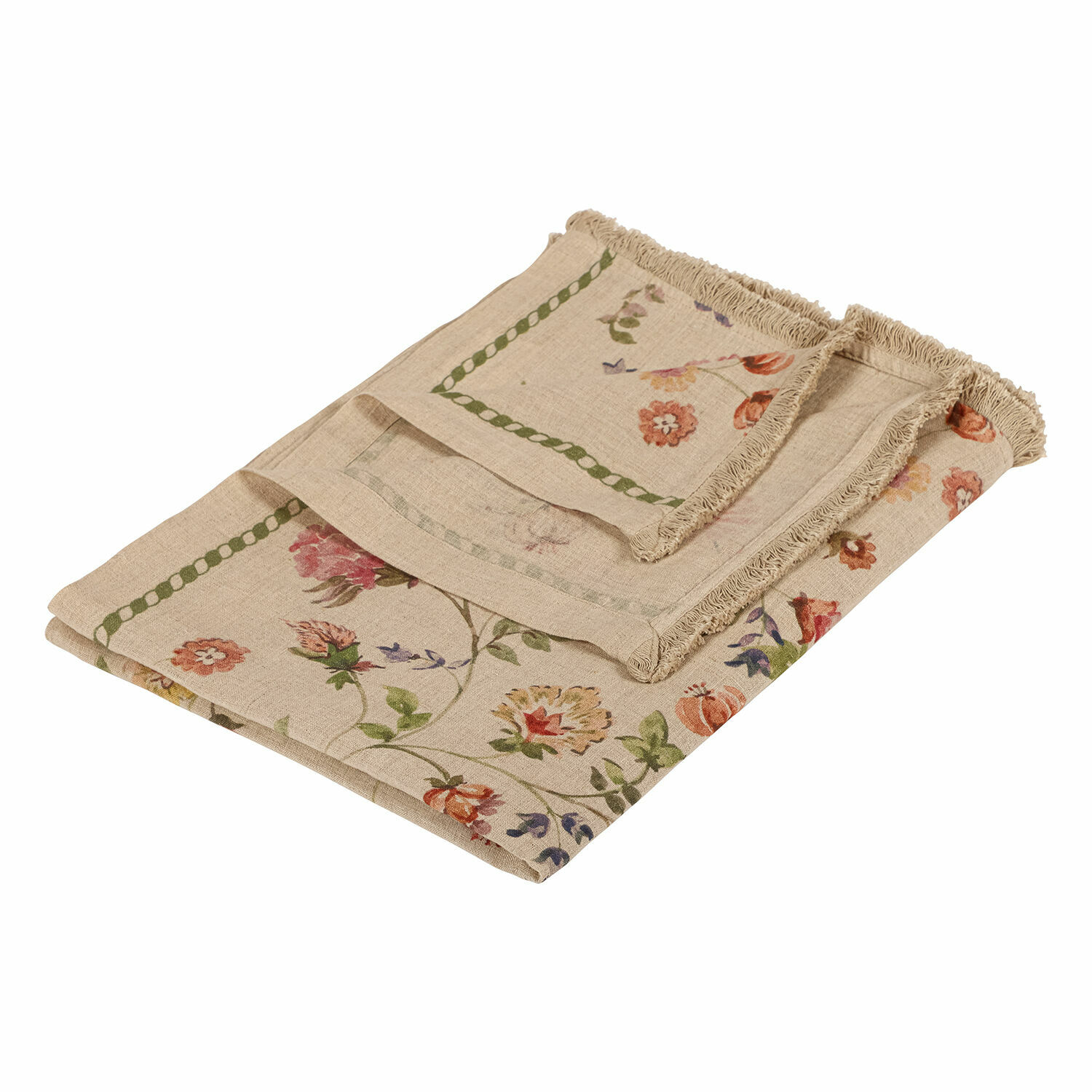 Beige linnen tafelkleed met bloemenpatroon en franjes, rustieke tafeldecoratie