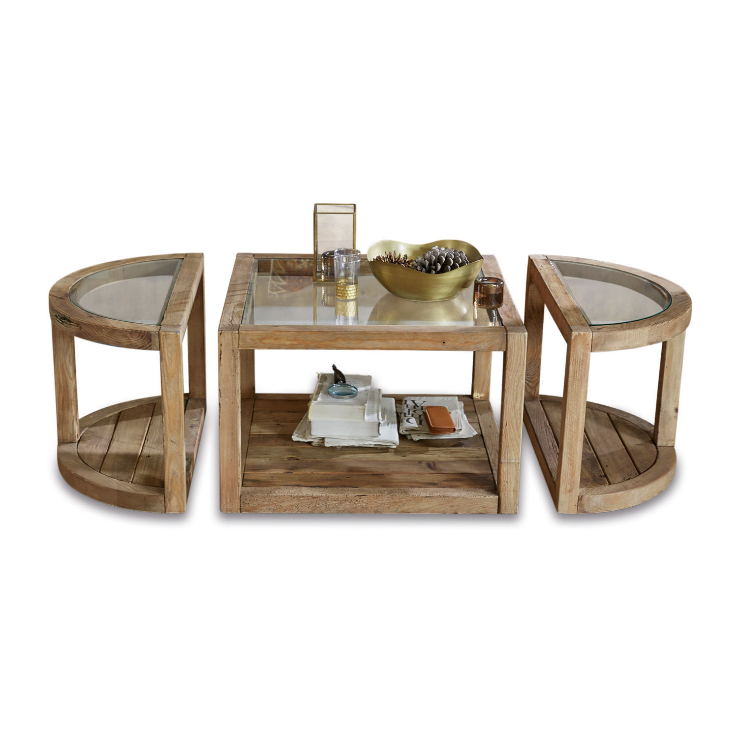Salontafel Hyllorian Set salontafels van natuurlijk hout en glas, praktisch en stijlvol meubilair voor de woonkamer