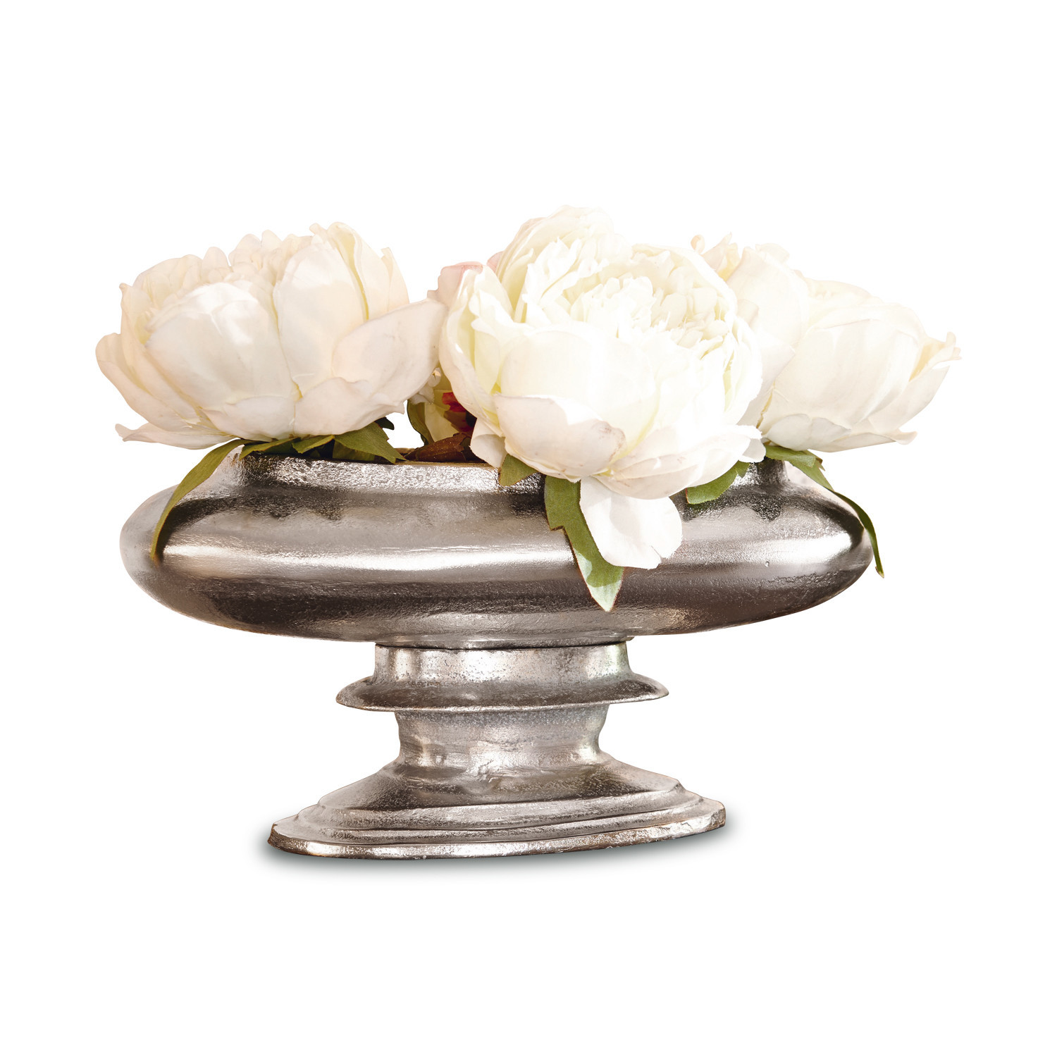 Vaas Loyère Decoratieve zilverkleurige metalen schaal met witte bloemen voor interieurdecoratie