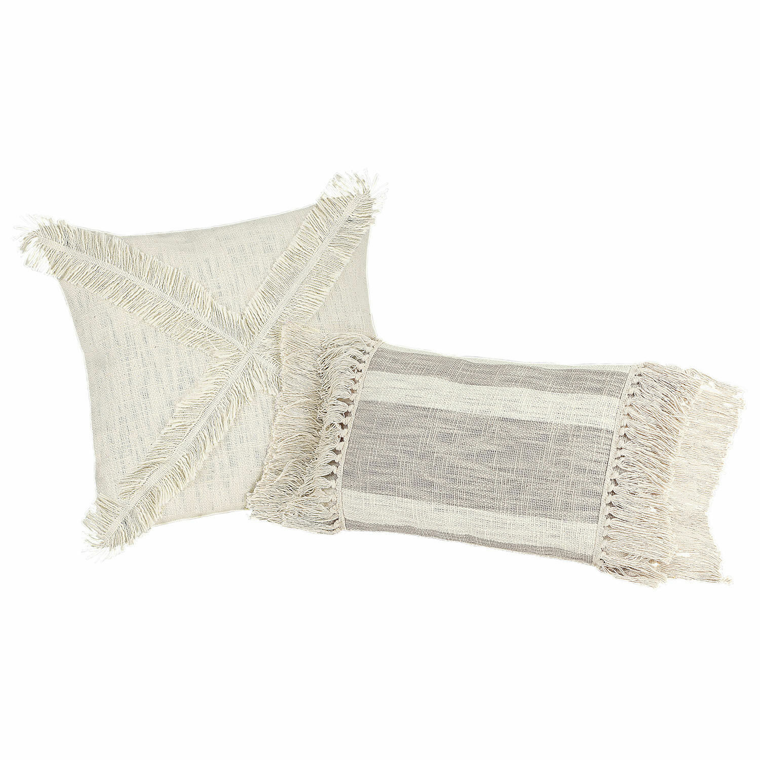 Lot de 2 housses de coussins Freya Ensemble de deux coussins décoratifs en coton crème avec franges, style bohème