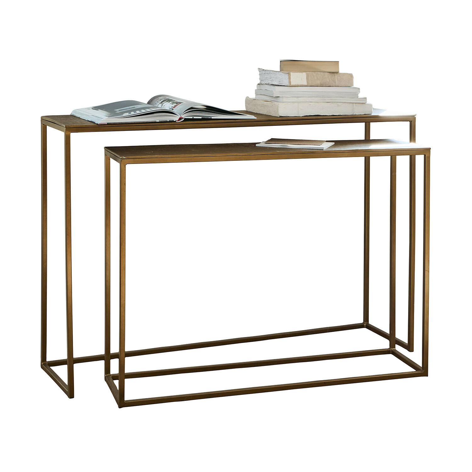 Wandtafel set van 2 Olvenzo Set van twee metalen tafels in messingkleur met boeken erop, modern minimalistisch design