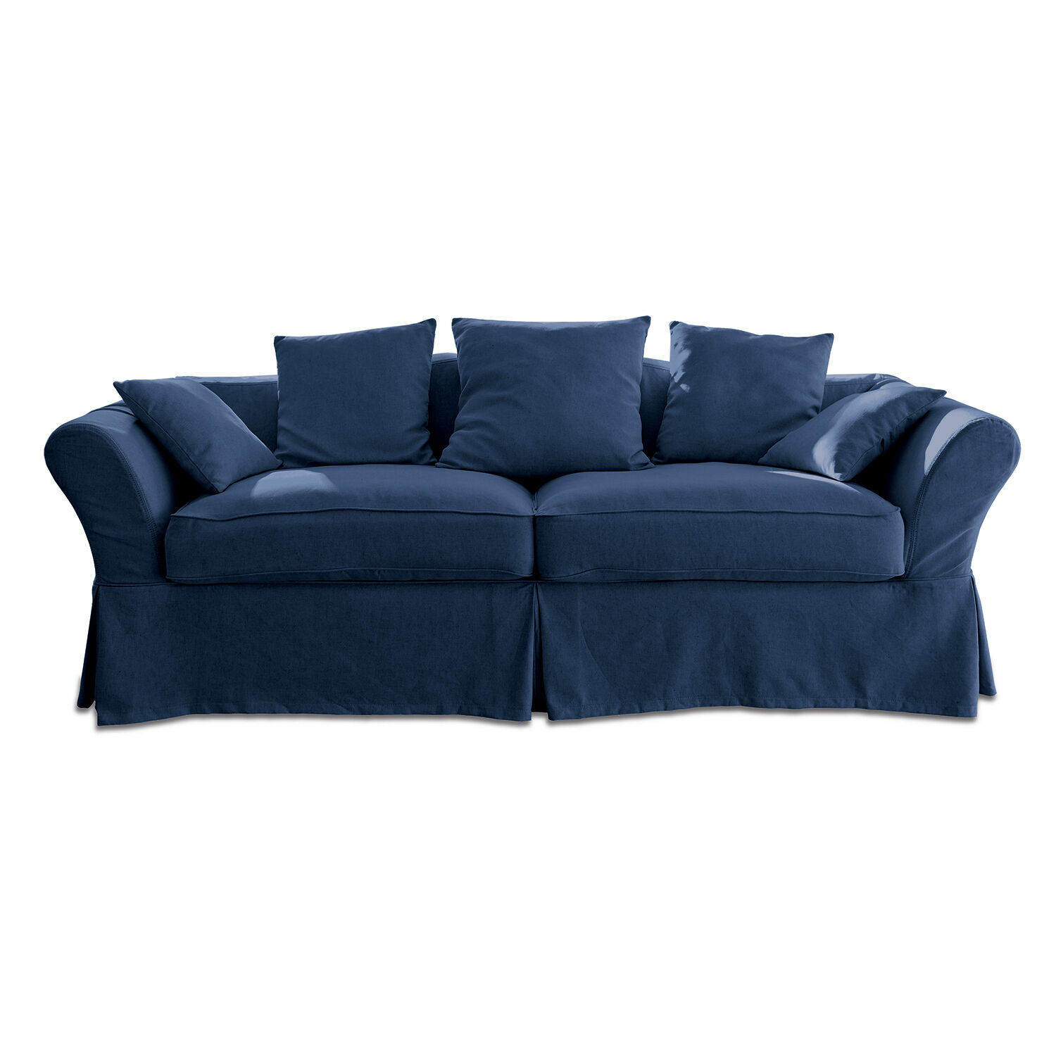 Blauwe Worcester stoffen bank met kussens, comfortabel en stijlvol voor woonkamer